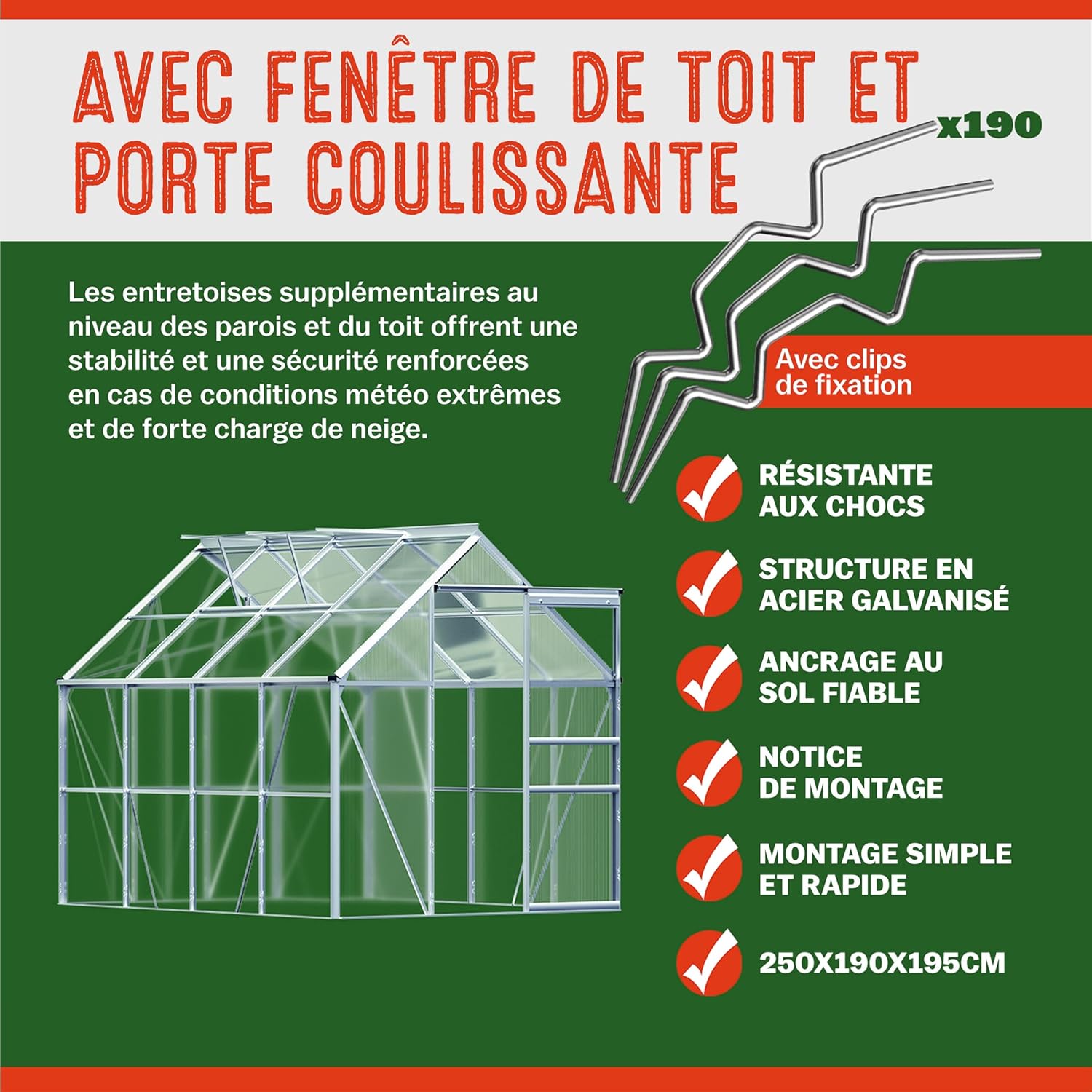 Gardebruk Serre de Jardin en Aluminium 7,63m&sup3; abri ext&eacute;rieur pour Plantes l&eacute;gumes 250x190x195cm avec fen&ecirc;tres