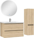 AICA Ensemble Meubles Salle de Bain 80cm Vasque + Colonne + Miroir Rond Lumineux Chêne Wotan