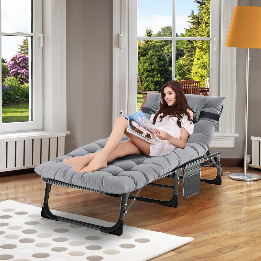 MOPHOTO Chaise Longue Pliable pour Jardin avec Matelas, Dossier et Repose-Pieds réglables, Chaise Pliante Portable pour intérieur et extérieur, Chaise Longue pour Bronzer(1 Paquet)