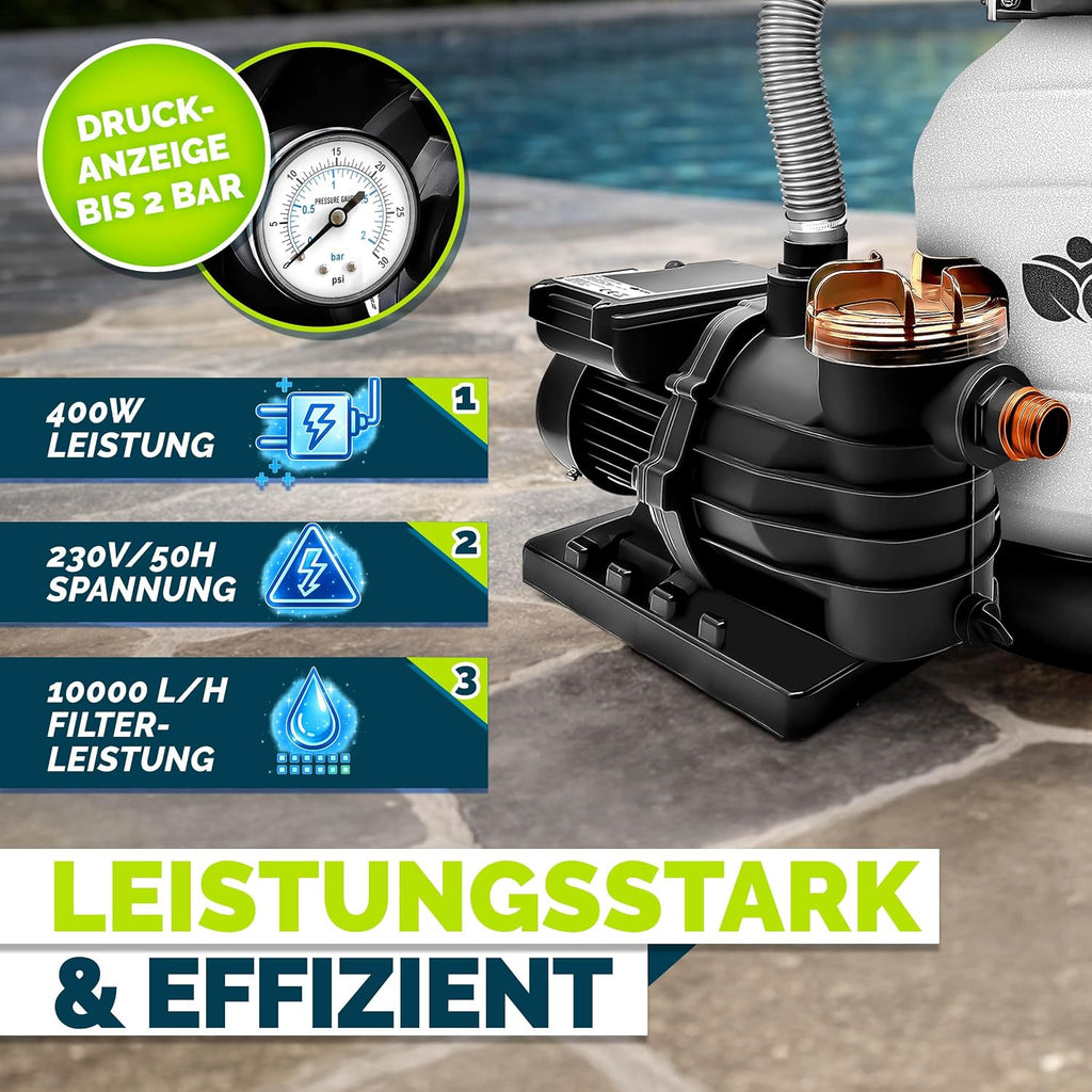 tillvex Système de Filtre à Sable 10 m³/h + 800g Boules de filtre – 7 Fonctions de Filtration | Filtre de Piscine avec indicateur de pression | Filtre à sable pour les bassins aquatiques & piscines