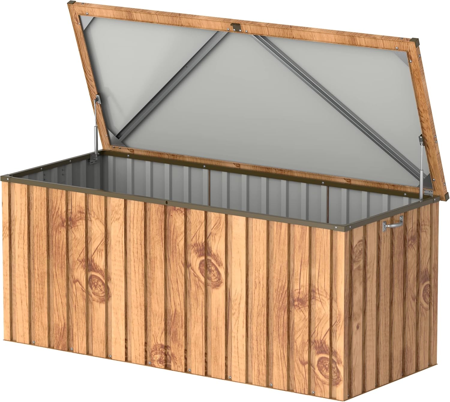 Duramax DH 1.7 (770 L) Coffre de Rangement de jardin en métal avec vérin à gaz hydraulique, coffre de terrasse et rangement de meubles de jardin, Boîte de rangement coussins, grain de bois