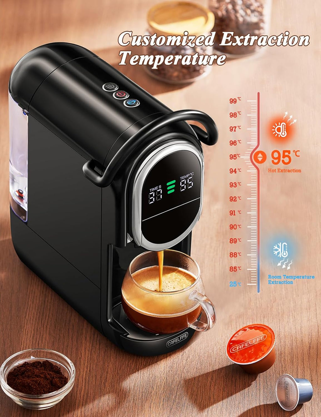 Cafelffe Machine à café automatique, cafetière à capsules 4 en 1 avec température réglable et 7 temps d'infusion préréglés, machine à expresso 19 bars pour NES/DG/ESE/café moulu, noir