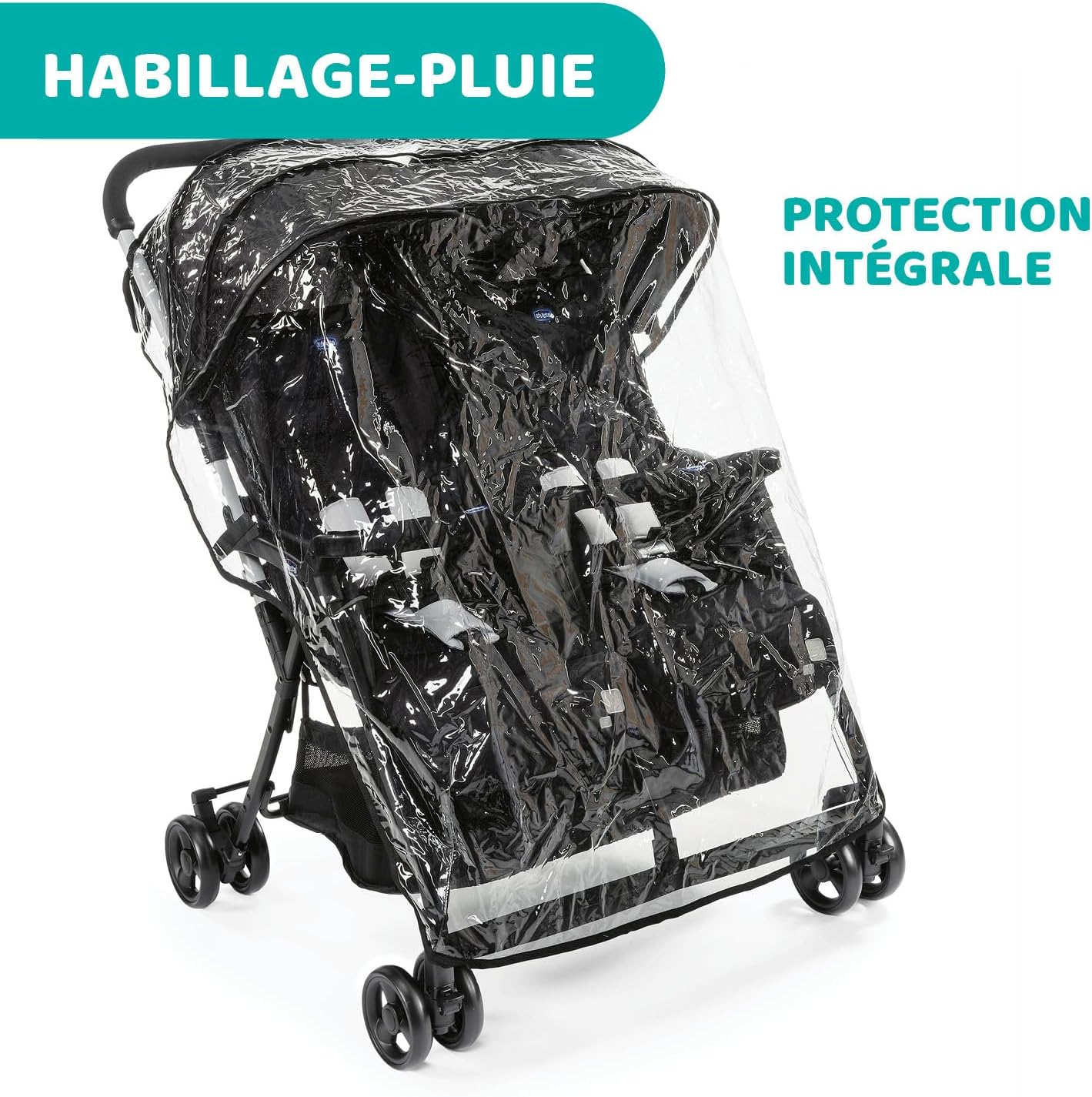 Chicco OHlalà Poussette Double Tandem, Légère Inclinable et Pliable, pour Jumeaux dès la Naissance jusqu'à 15 kg, Fermeture Compacte, Housse de Pluie Incluse, Capote Extensible – Noir