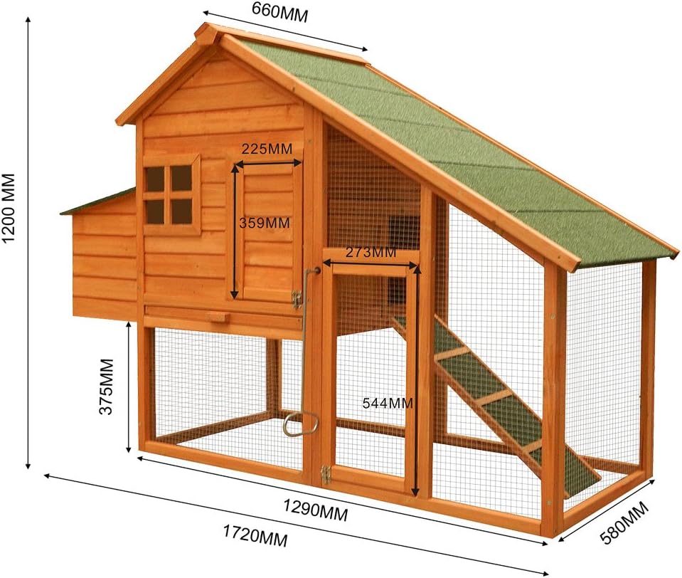 Wiltec poulailler bois sapin 172x66x120cm avec nichoir, grillage, bac galvanisé
