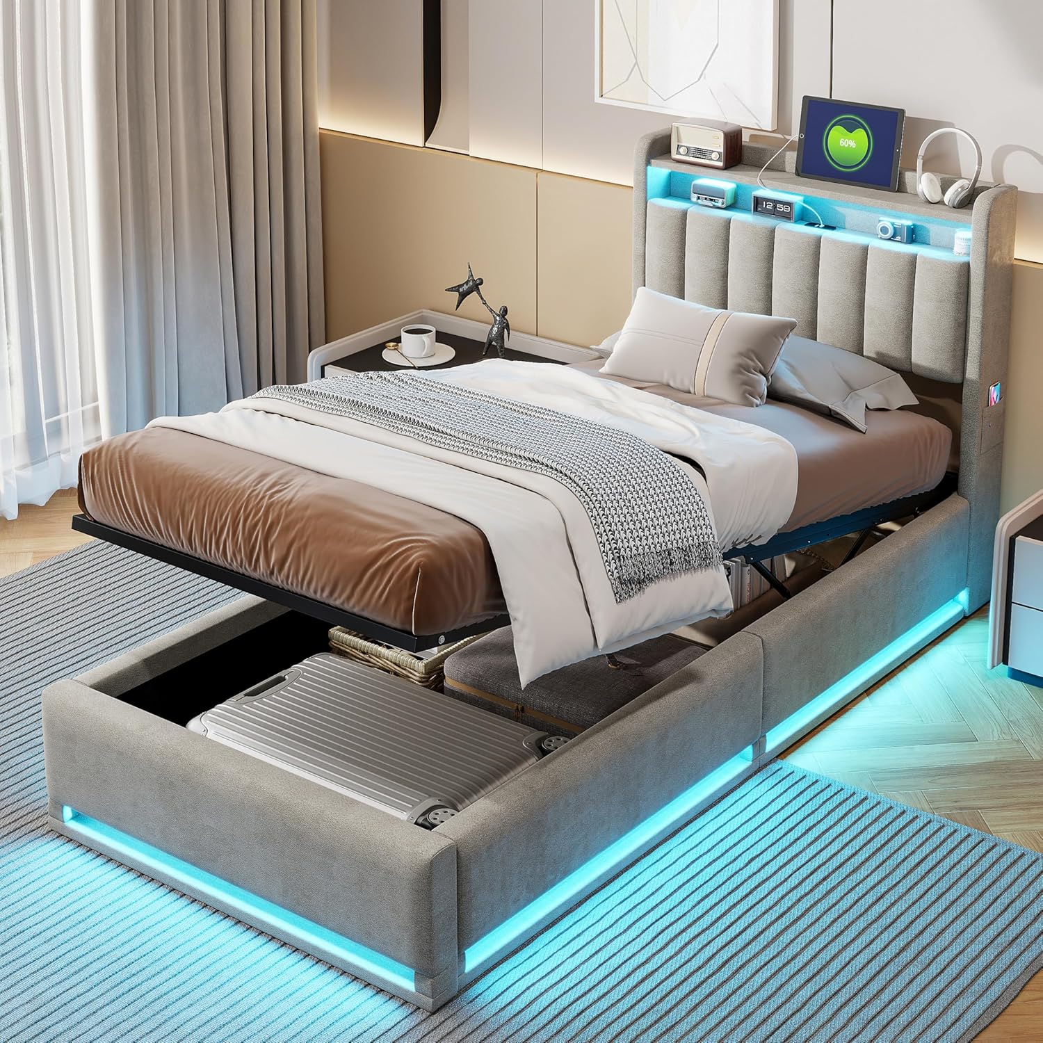Lit Coffre 90x200 cm avec LED et Ports USB,Tête de Lits avec Rangement,Lit Double avec Sommier à Lattes, Facile à Assembler,pour Adultes et Adolescents,Velours (Gris, 90x200 cm)