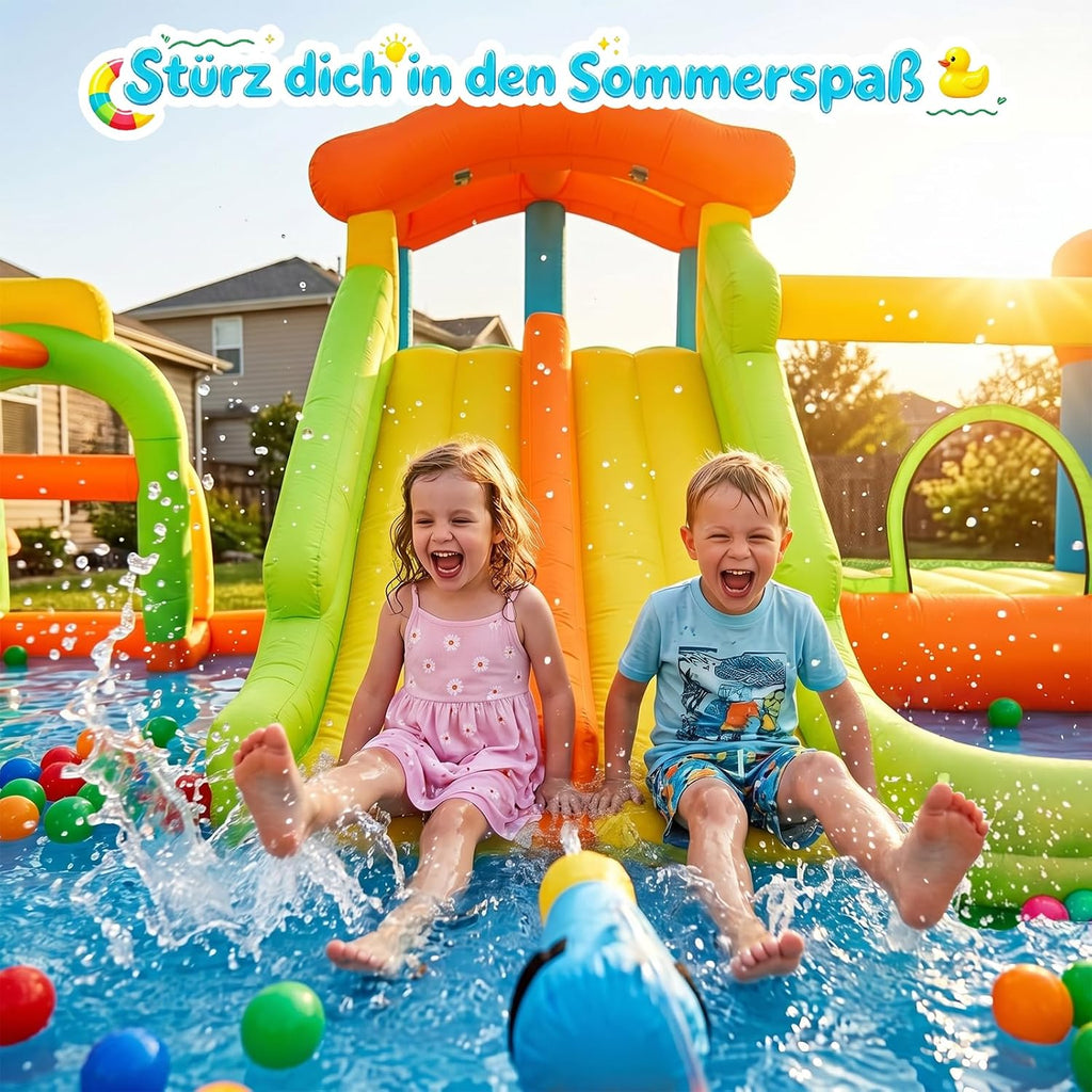 FOOING Grand toboggan aquatique gonflable avec 2 toboggans et pataugeoire pour enfants – Château rebondissant avec deux voies pour les fêtes de jardin et de cour, plaisir d'été en plein air