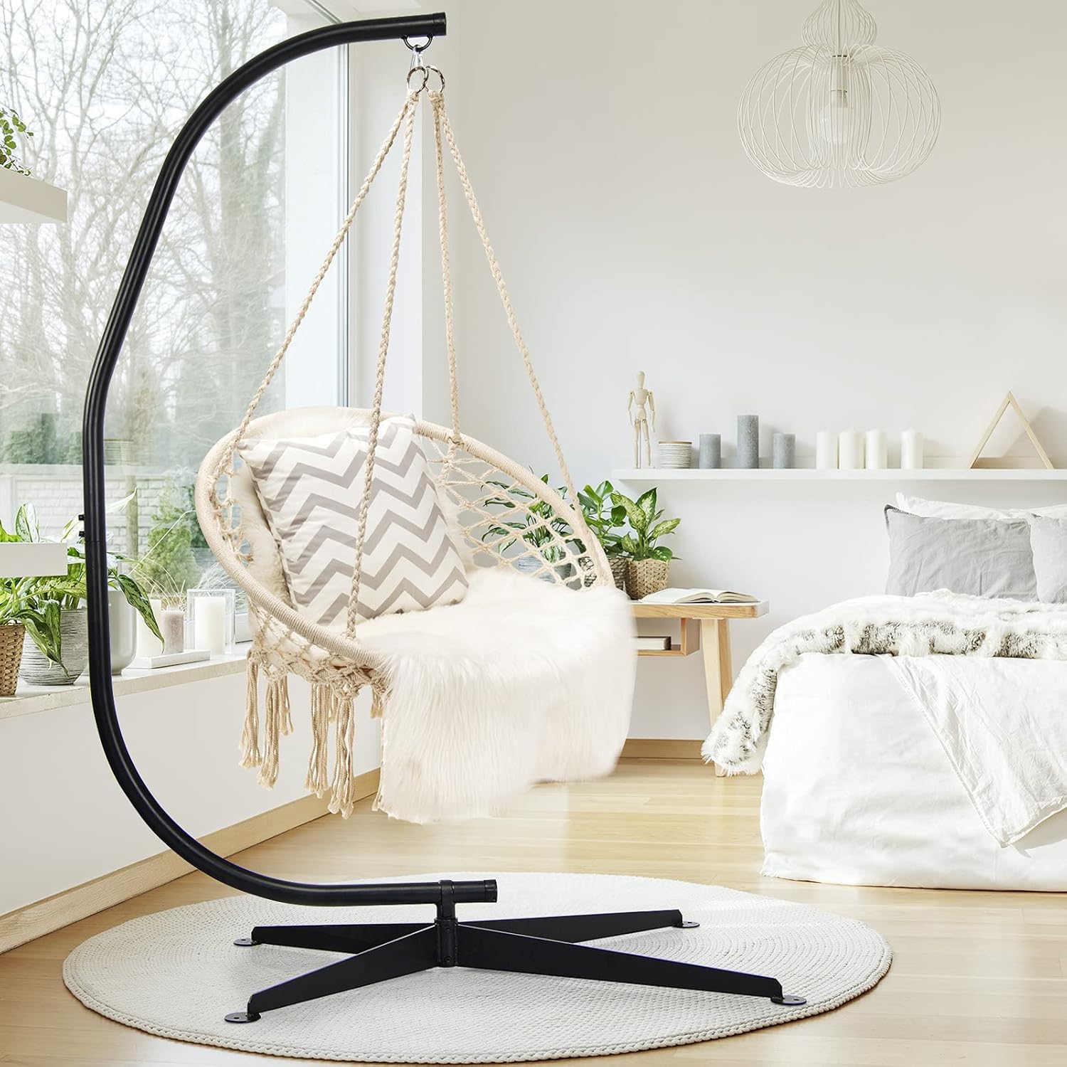 GIANTEX Support Fauteuil Suspendue Structure Métallique Robuste, pour Fauteuil Hamac Suspendu d'Intérieur et d'Extérieur/Balançoire Nid d'Oiseau, Charge de 150 kg, 111 x 84 x 207 cm, Noir
