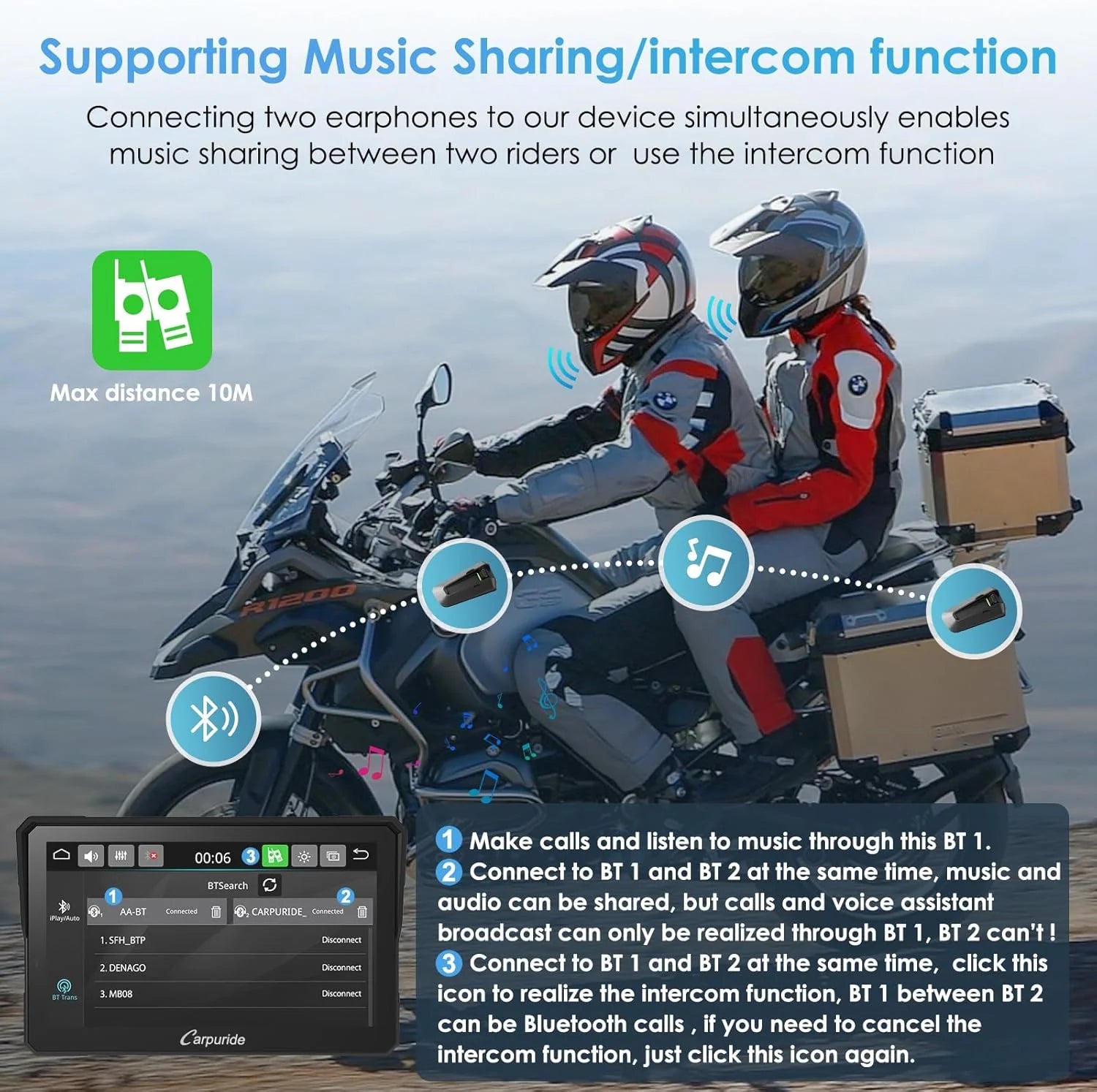Carpuride W702 Pro écran moto étanche 7", CarPlay/Android Auto, Bluetooth