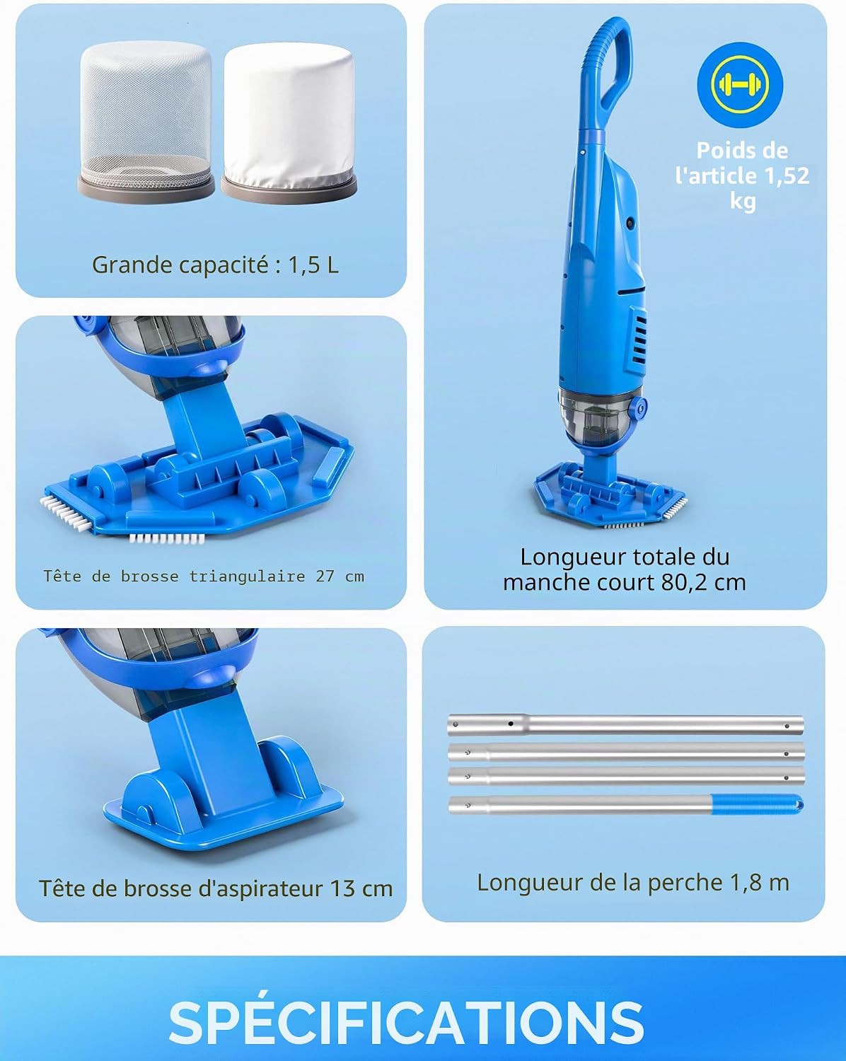 LanBlu Aspirateur Piscine Sans Fil, 2.5m Aspirateurs Piscines Batterie avec Tige Télescopique,4200L/H Manuel Aspirateur Piscine Hors Sol avec 4 Filtre,Conception Anti-retour Balai Aspirateurs Piscines