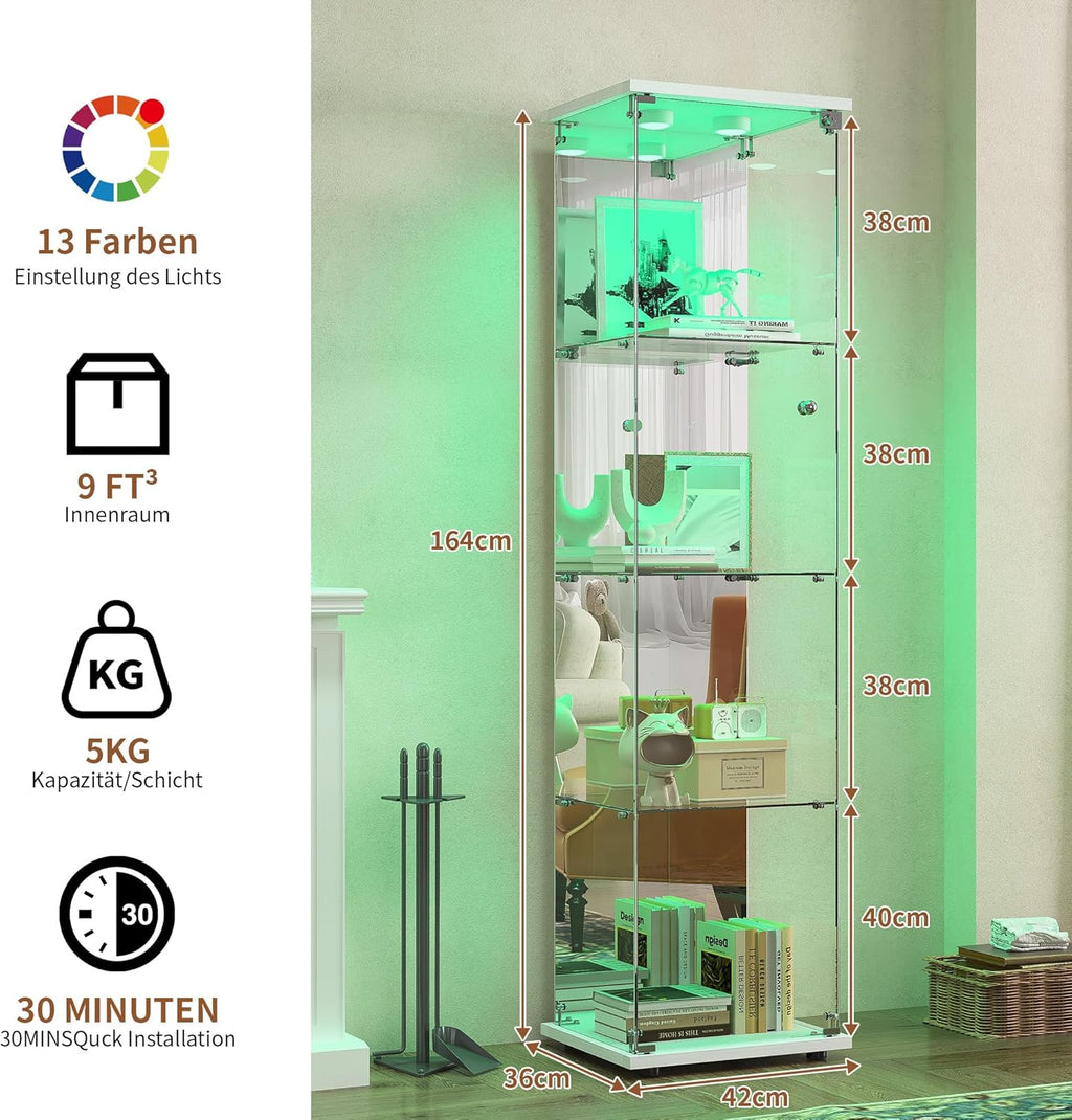 Vitrine sur pied en verre à 4 couches - 1 porte - Lampe LED et serrure avec paroi arrière miroir - Armoire de salon pour objets de collection et livres - Blanc