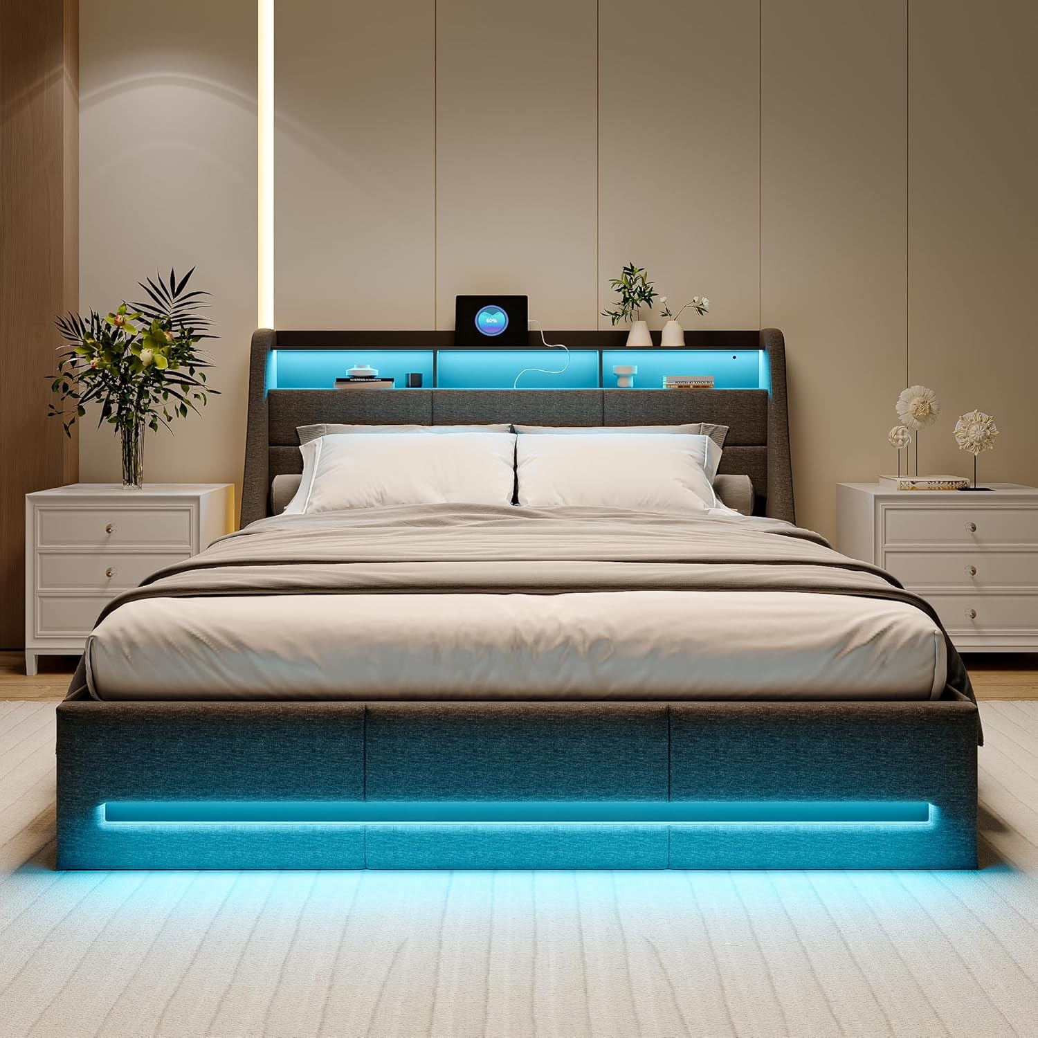 LIVLUX Lit Coffre 140x190 avec sommier LED et USB,Lit Double rembourré avec Rangement hydraulique,lit 2 Personnes pour Adultes et Adolescents,Lin Gris Clair, 140 x 190 cm