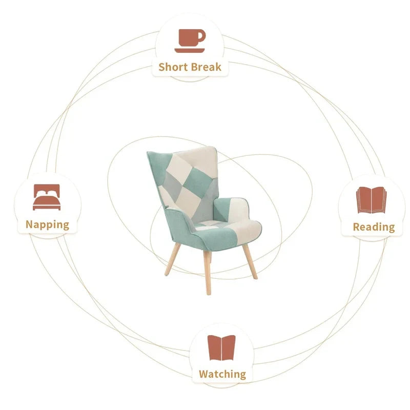 Fauteuil d'appoint avec pouf, ensemble fauteuil et pouf de salon, fauteuil d'appoint confortable pour chambre à coucher, surface en tissu à épissures créatives