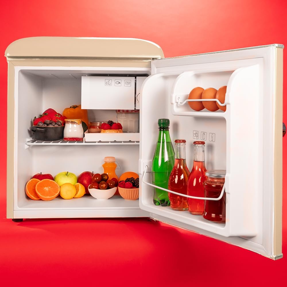 Mini Frigo Bolero CoolMarket TT Origin 45 Beige E. Réfrigérateur Hauteur 55cm et Largeur 44,7cm, Classe Énergétique E, Bac à Glace et Poignée Chromée, Beige