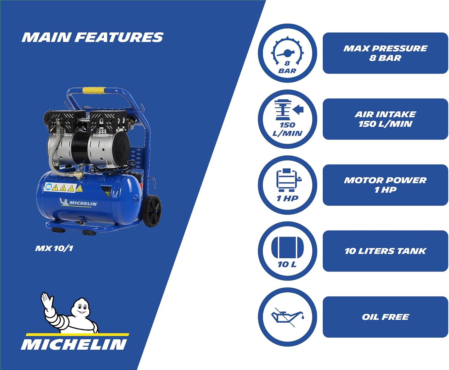 MICHELIN Compresseur d'Air Mobile Silencieux MX 10/1, Compresseur d'Air Sans Huile, Pression Maximale 8 Bar, Puissance 1 CV, Réservoir 10 litres, Niveau Sonore 58 dB LpA