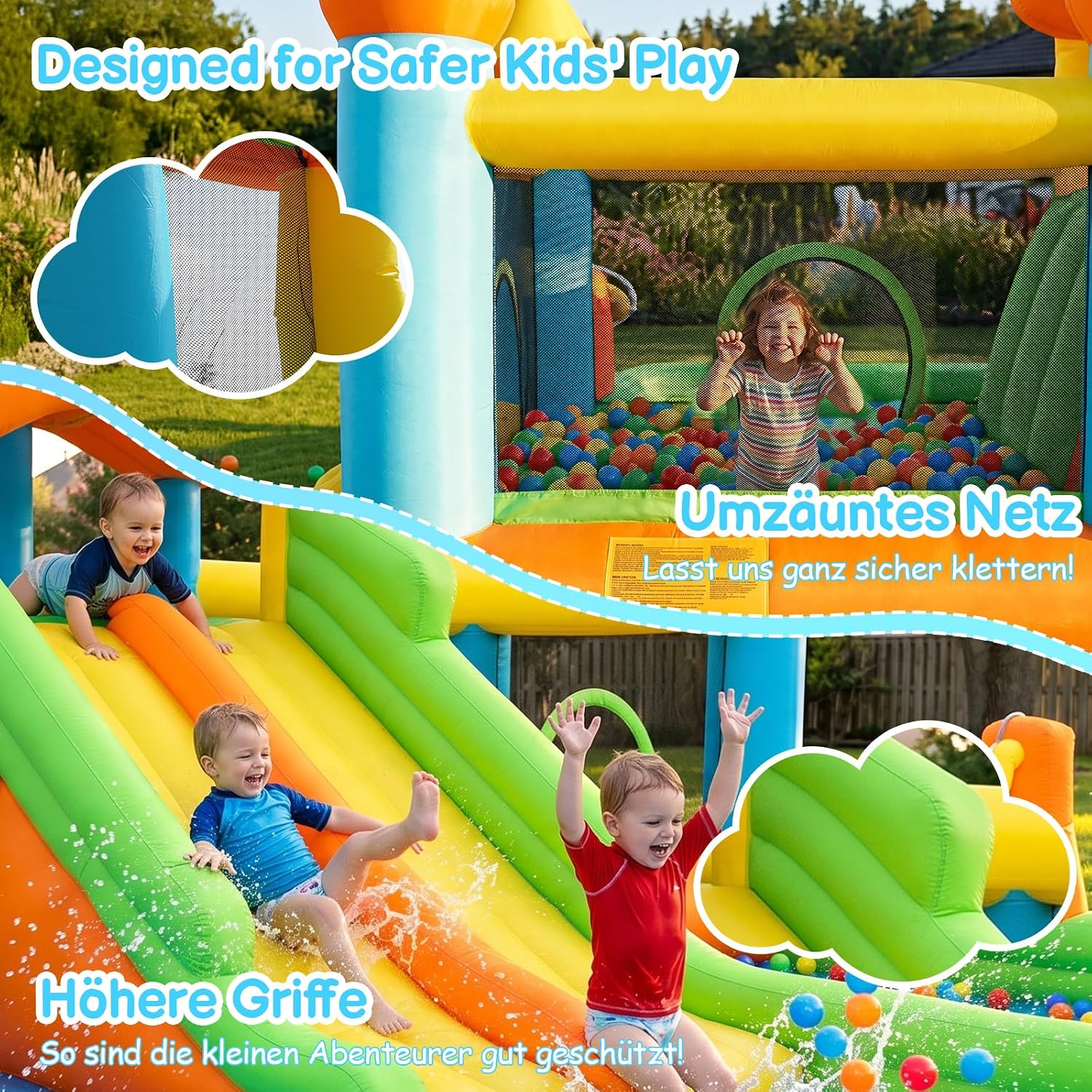 FOOING Grand toboggan aquatique gonflable avec 2 toboggans et pataugeoire pour enfants – Château rebondissant avec deux voies pour les fêtes de jardin et de cour, plaisir d'été en plein air