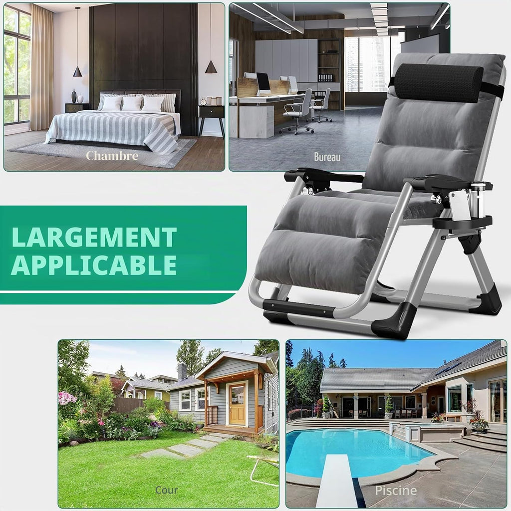 Chaise longue pliante, charge maximale de 200 kg, Zero Gravity Chair avec coussin, support pour gobelet, chaise longue de jardin réglable extra large pour terrasse, jardin, plage, piscine