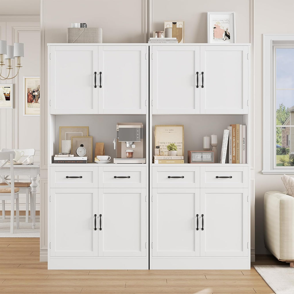 HOCSOK Buffet Haut Cuisine, 180 cm Armoire Cuisine avec 4 Portes et 2 Tiroirs, Meuble de Rangement avec Etagères Réglables, Vaisselier Vitrine, Blanc