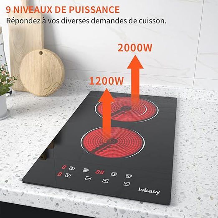 Plaque Vitrocéramique - ISEASY - 4 Feux - 6000W - Écran Tactile - Verrouillage Enfant