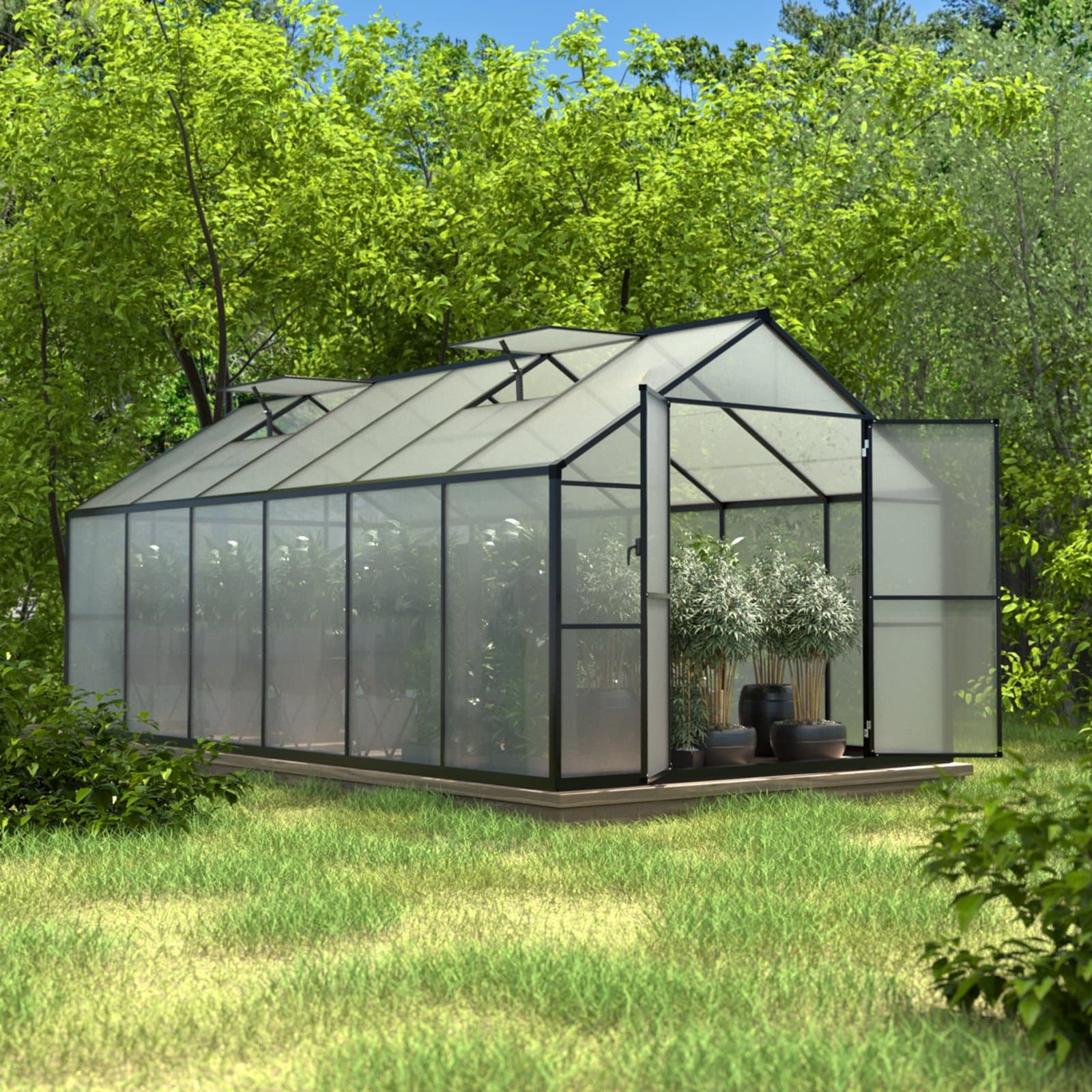 Serre de jardin aluminium VEIKOUS avec évent de toit réglable et porte verrouillable Grise