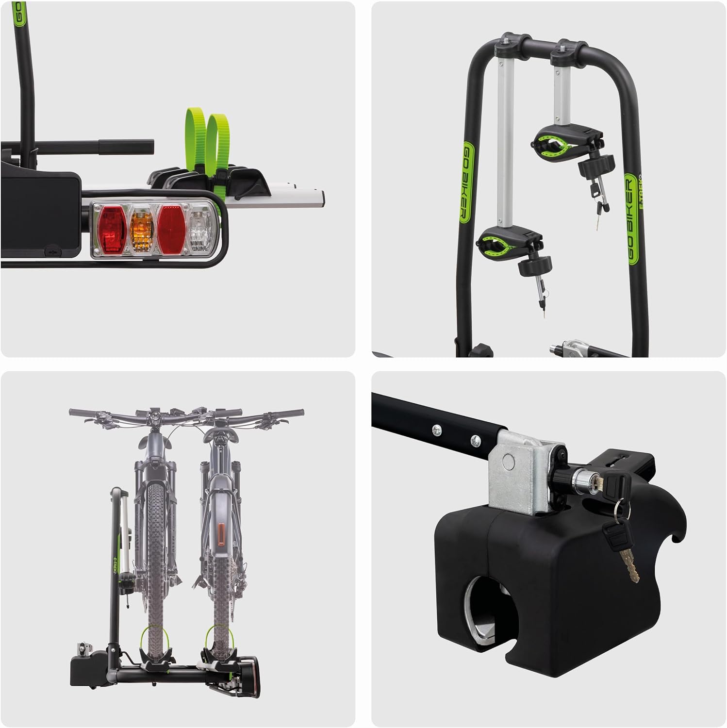 GO BIKER Porte-Vélo sur Attelage - Modèles 2 à 4 Vélos - Gamme Complète Boule de Remorque - Supporte 15 et 30 kg/Rail - Châssis Acier/Aluminium - Tous Types de Vélos - Antivol - E-Bike (E-Trek)