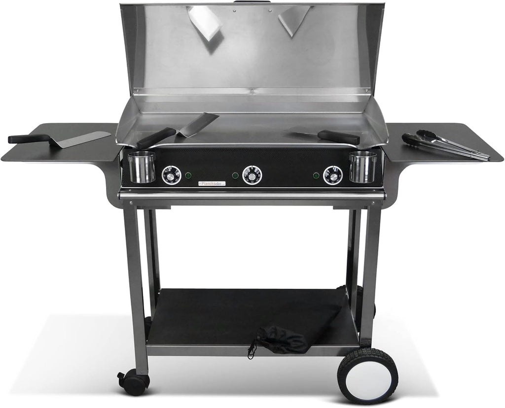 Pack Plancha Electrique LUX 830 - Chariot Rivoli + Accessoires - Inox - Finitions Carbon - 3 Thermostats Réglables - Made In France - L83 X P45 X H20 cm