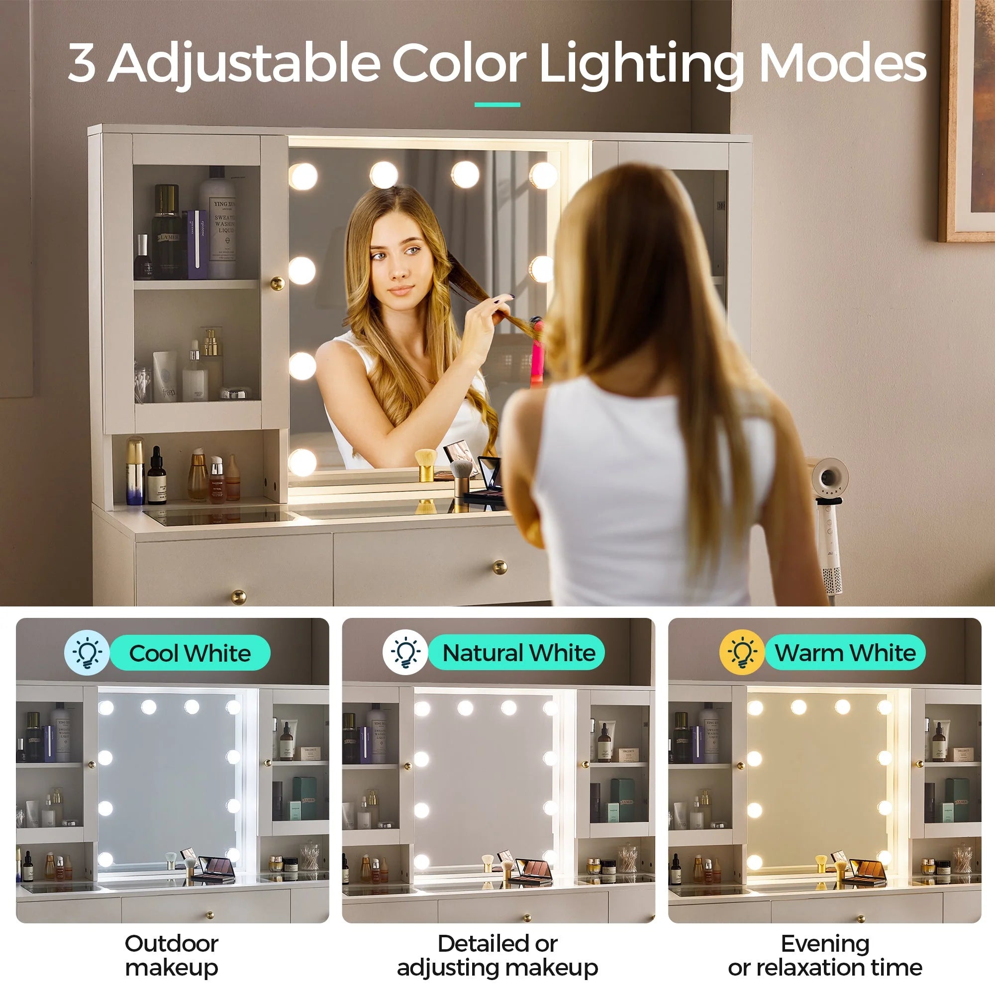 Coiffeuse verre 47 pouces miroir lumières rangement prise