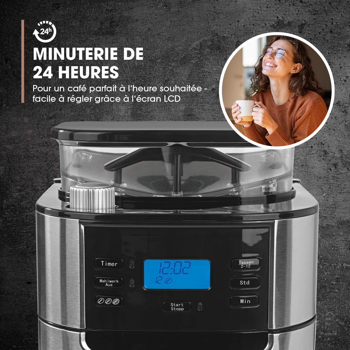 Barista Cafetière Filtre avec verseuse Isotherme 1L pur 12 tasses de café, Machine a cafe grain avec broyeur et écran digital, Fonction de minuterie