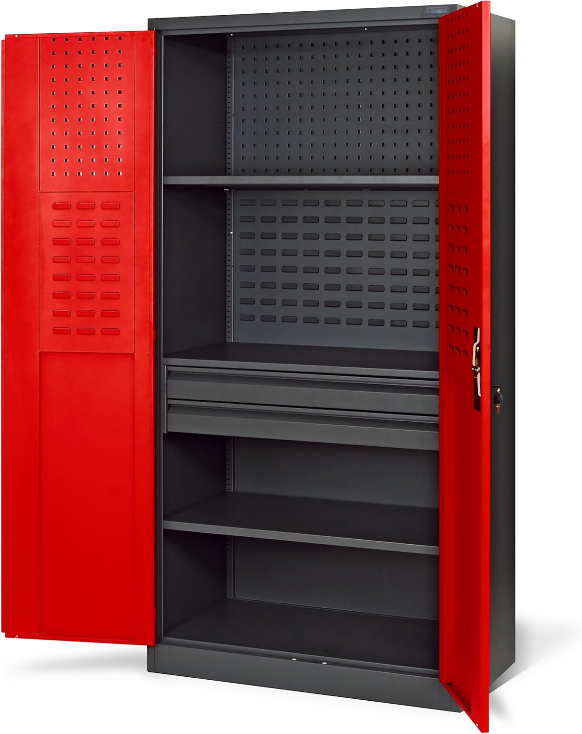 Jan Nowak Armoire à Outils TC02AM Armoire Meuble d'atelier avec 2 Tiroirs Portes battantes 3 étagères Peinture en Poudre 185 cm x 92 cm x 50 cm Anthracite-Rouge