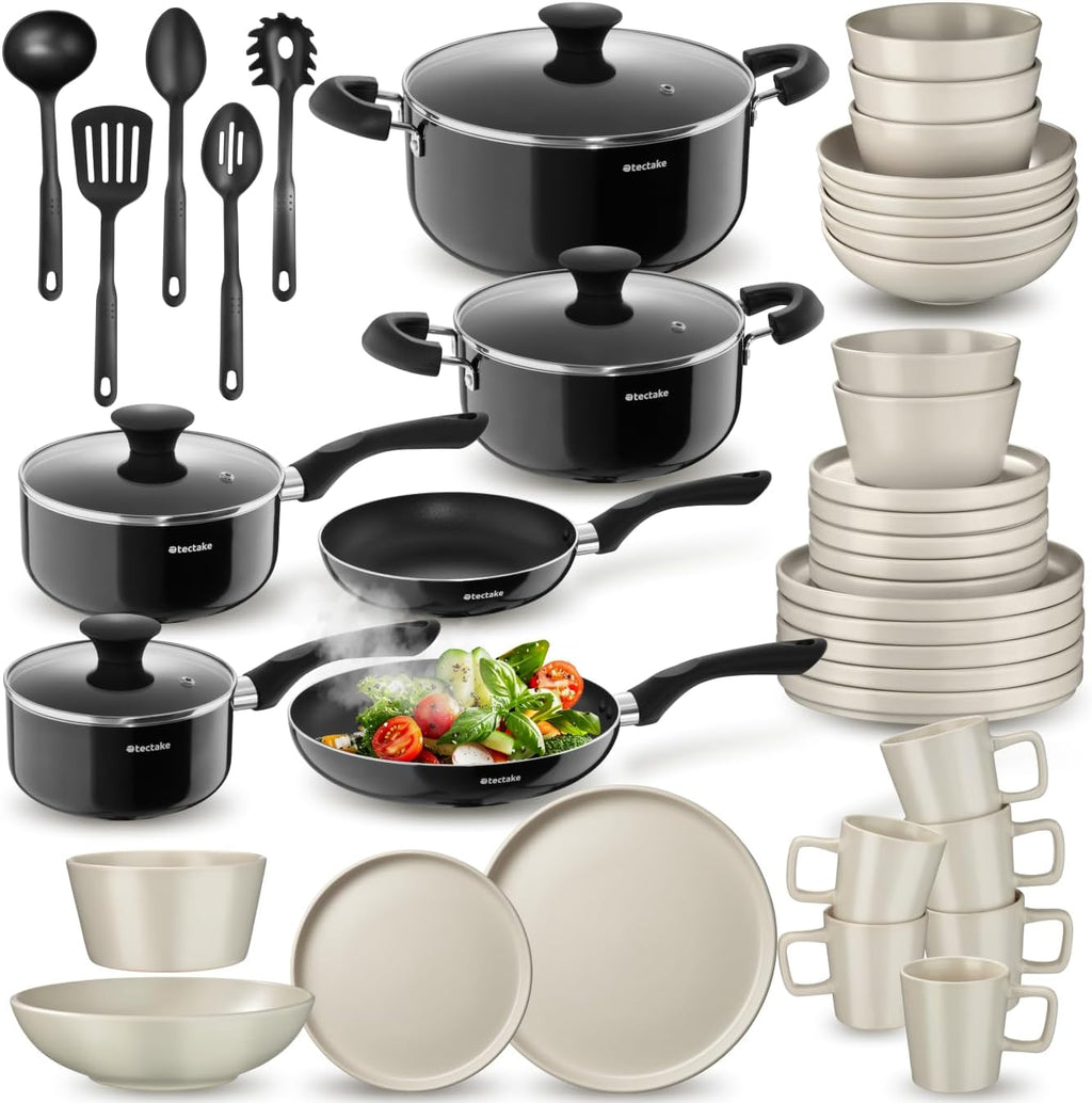 tectake® Set de cuisine 45 pièces, Service de table 6 personnes et Batterie de cuisine, Poêles, Casseroles, Assiettes plates, Assiettes creuses, Bols, Tasses, Louche, Spatule, Vaisselle en grès