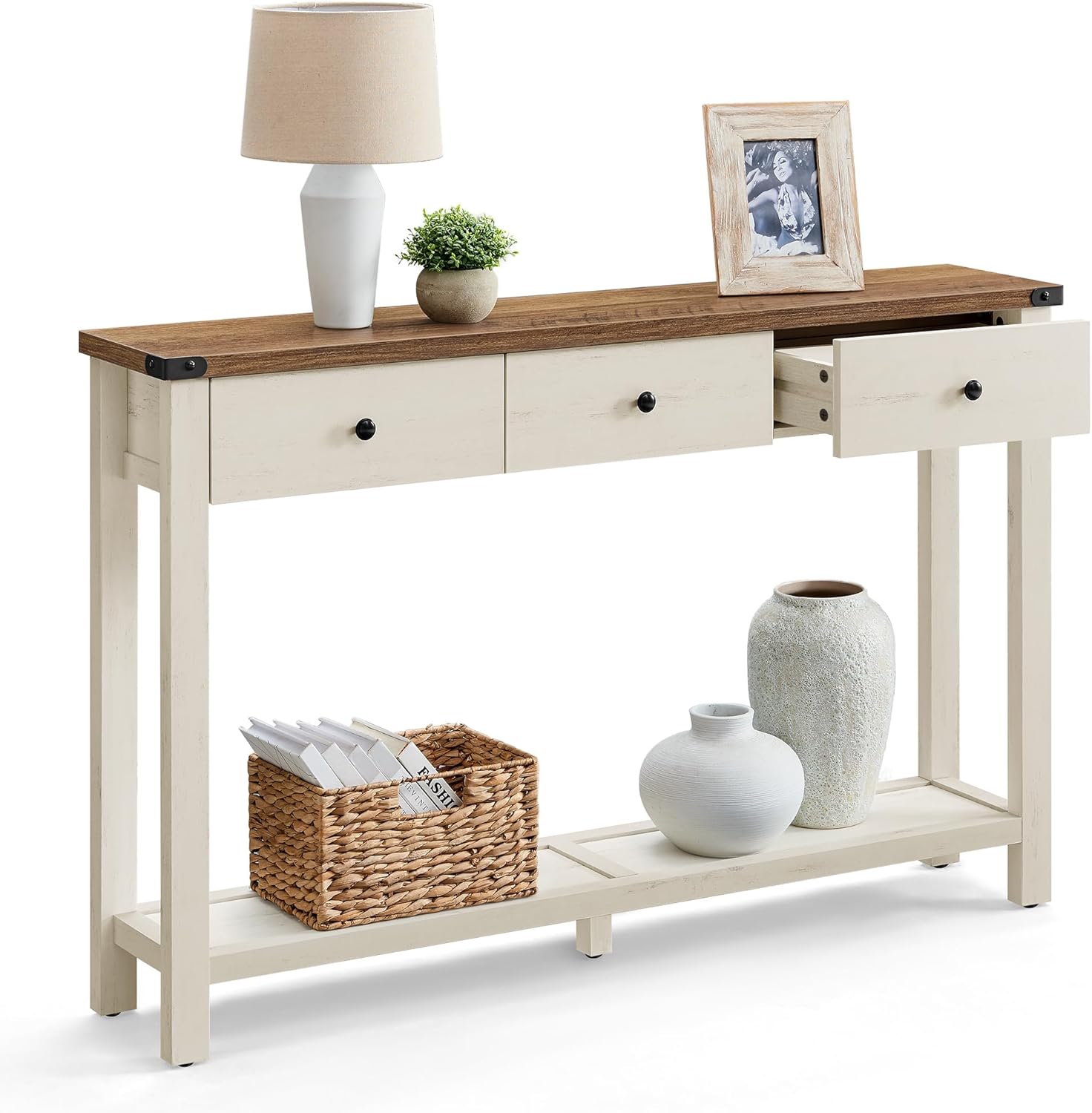 VASAGLE Table Console, Table d'Entrée avec 3 Tiroirs et Étagère de Rangement, pour Entrée, Salon, Style Campagnard, Marron Miel et Blanc Rustique LNT142WJ01