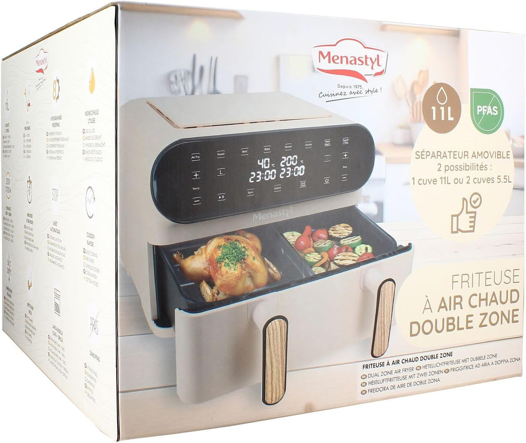 MENASTYL - Friteuse Sans Huile Deux Cuves - Capacité 11L XXL - Air Fryer Double Compartiments - Écran Tactile LED 6 Programmes - Cuisson Saine et Rapide 40-200°C - Grille Antiadhésive - Couleur Crème