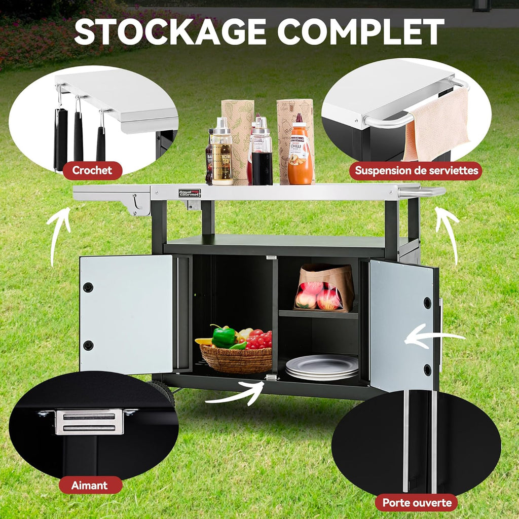 Royal Gourmet Chariot de Barbecue avec Porte d'Armoire, Desserte Extérieure pour Plancha avec Dessus de Table en Acier INOX 85 x 50cm et Table d'Appoint Pliable de 30 x 50cm, pour Cuisine et Jardin