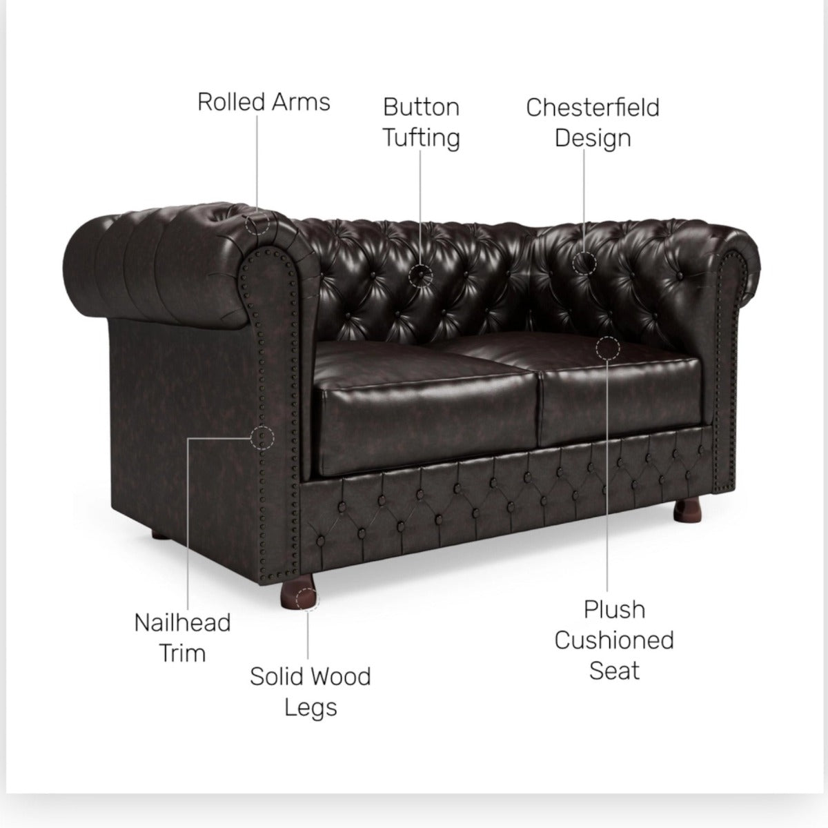 Nismaaya Camryn Traditional Chesterfield 2 Seater Sofas Dark Brown
