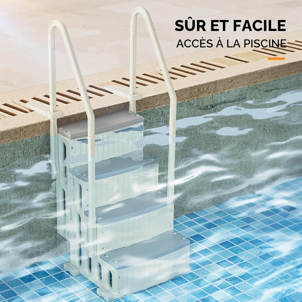 BONNLO Échelle de Piscine Antidérapante PE, Escalier de Piscine, Adaptée aux Piscines Hors Sol et Creusées Intérieur Extérieur, Blanc Cassé (Blanc + Pédale Grise, 4)