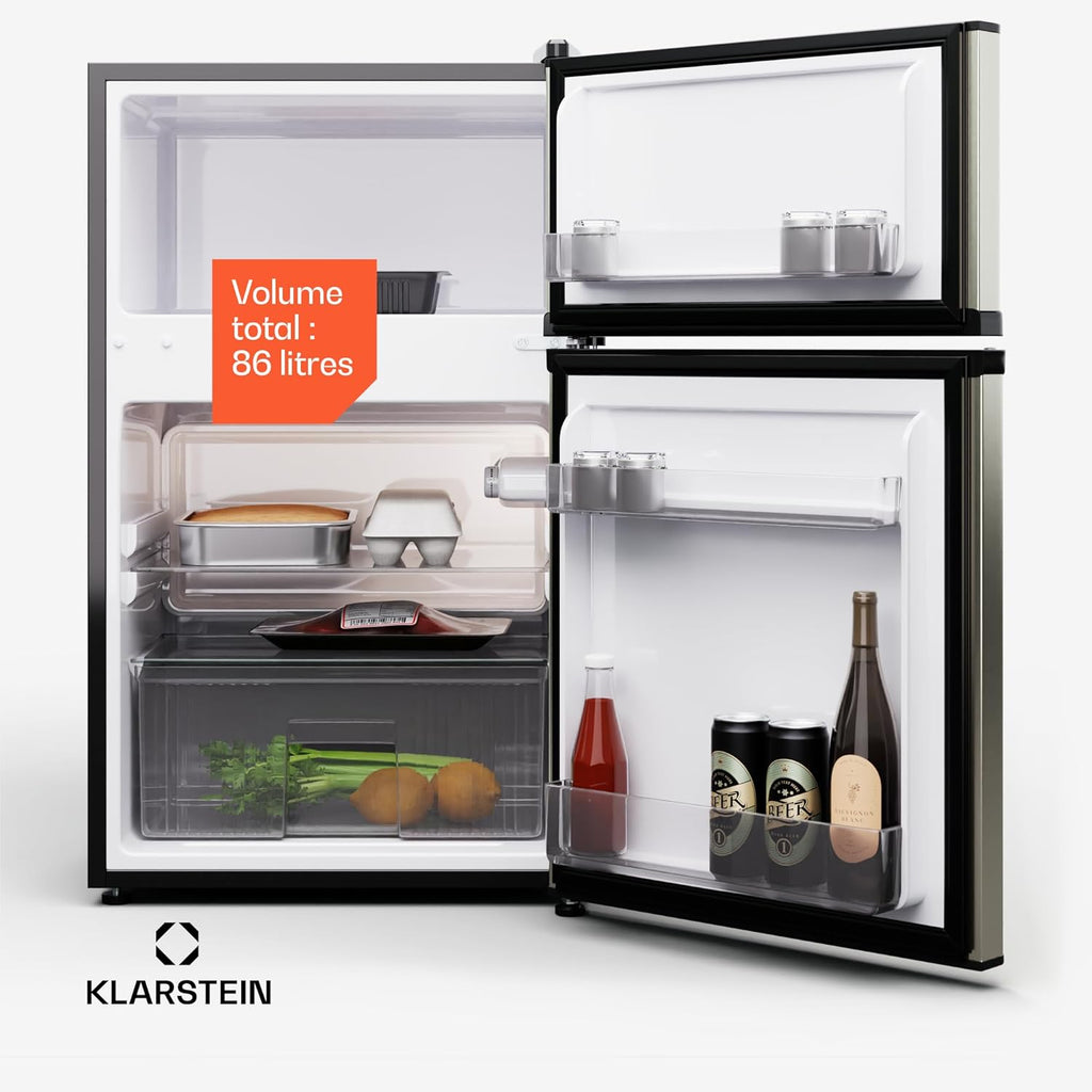 KLARSTEIN Big Daddy Cool - Frigo réfrigérateur, réfrigérateur combiné, Compartiment bouteilles, Bac légumes, Eclairage intérieur, Look moderne, Nettoyage facile, Pieds réglables, 86 L - Argent