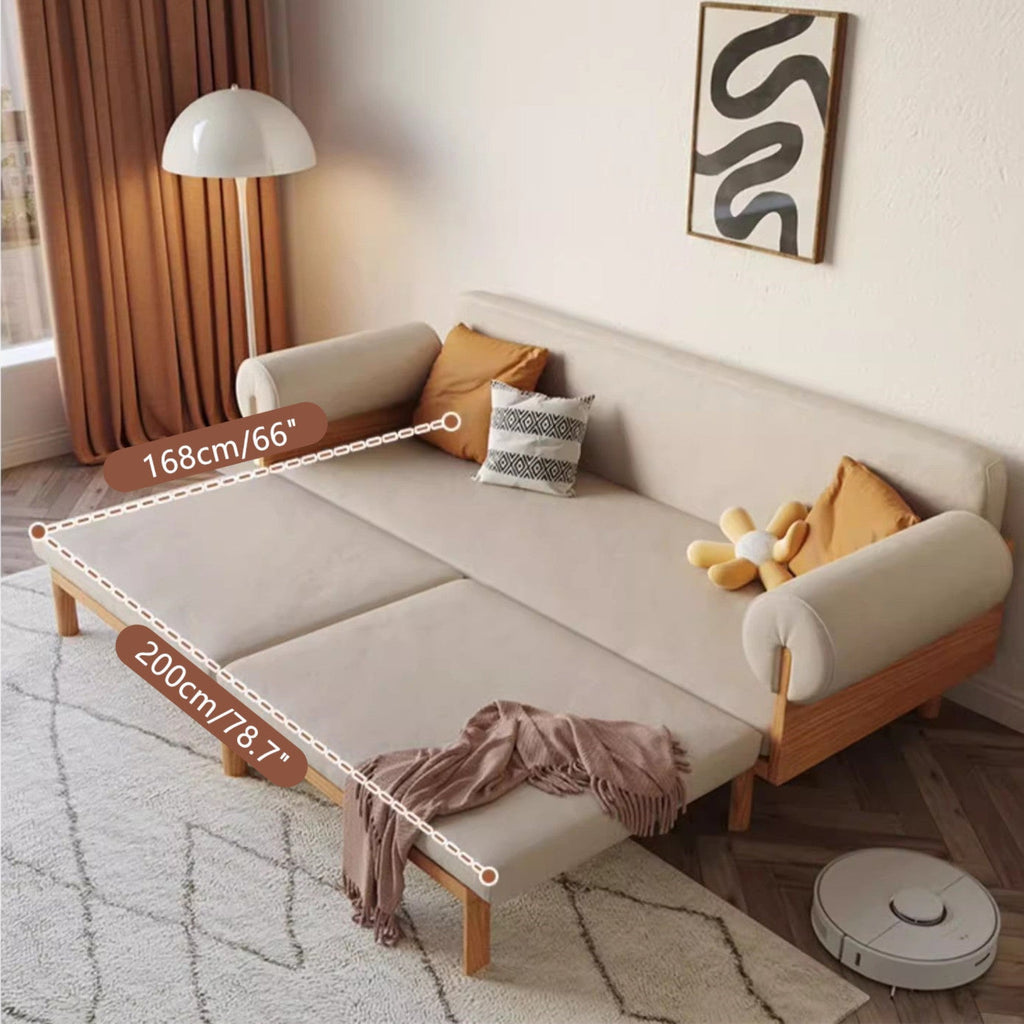 Japandi Solid Wood Recessed Arms Folding Sleeper Sofa Bed