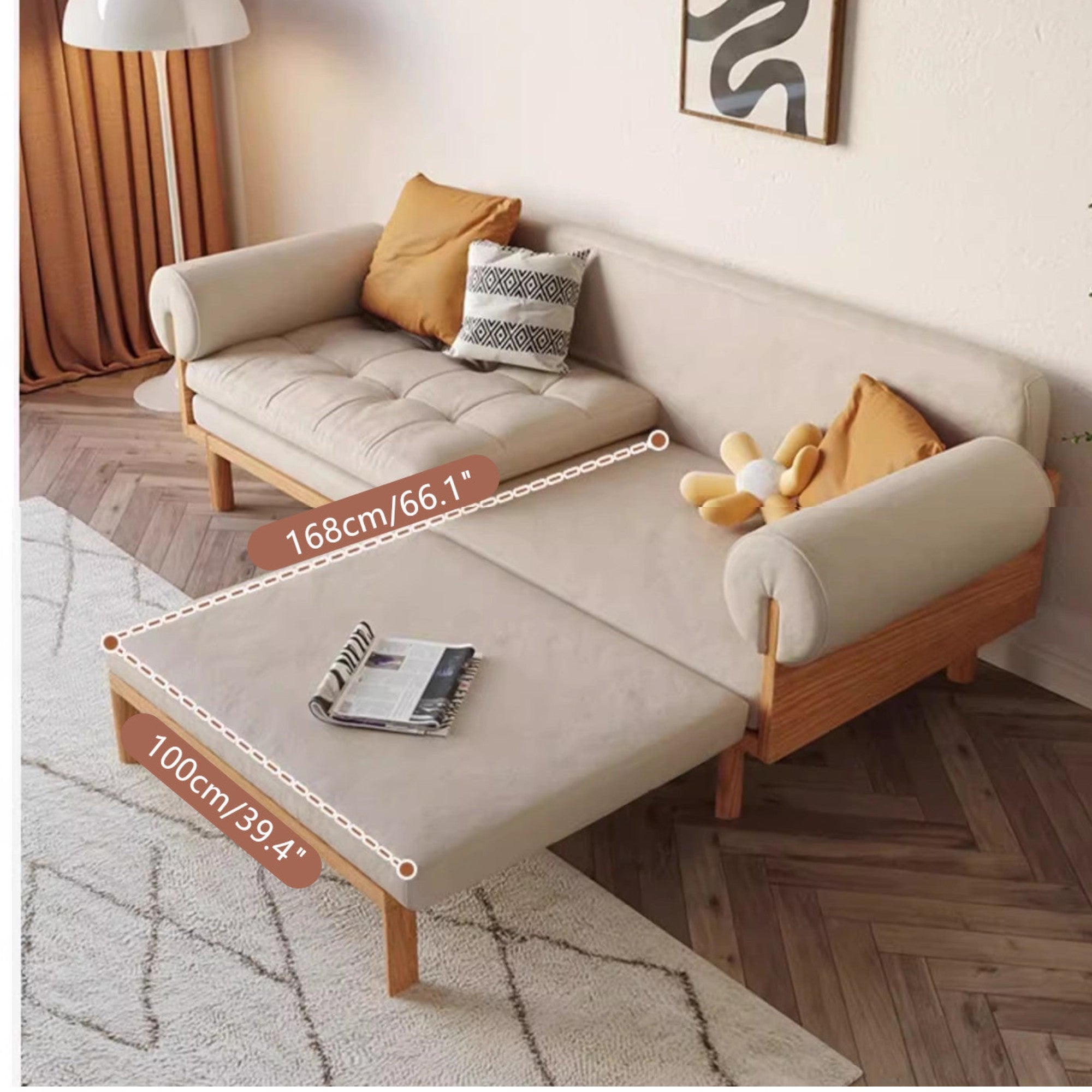 Japandi Solid Wood Recessed Arms Folding Sleeper Sofa Bed