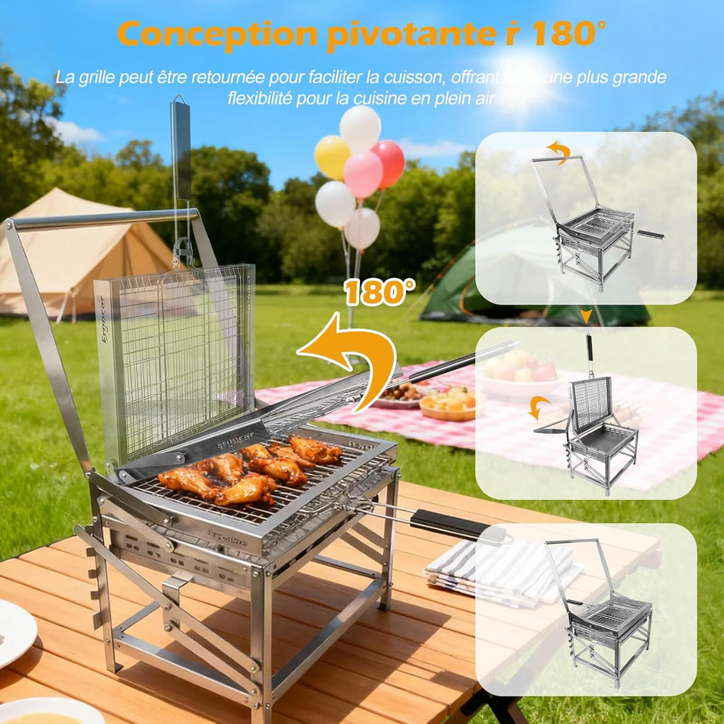 Ergocar Barbecue à Charbon Bois d'Extérieur Multifonctionnel Et Portable Rotatif Avec Plateau à Charbon Réglable à 4 Niveaux Idéal Pour Pique-Niquer Camper Et Faire Des Grillades En Plein Air