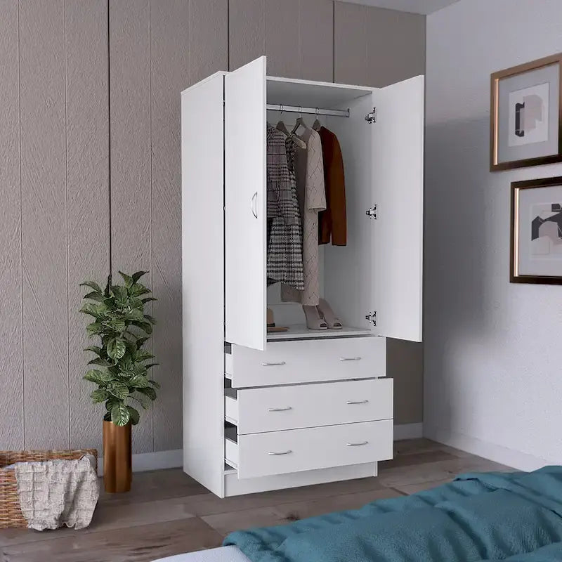 19  Modern Double-door Armoire with 3 Drawers and 1 Hanging Rod for Bedroom