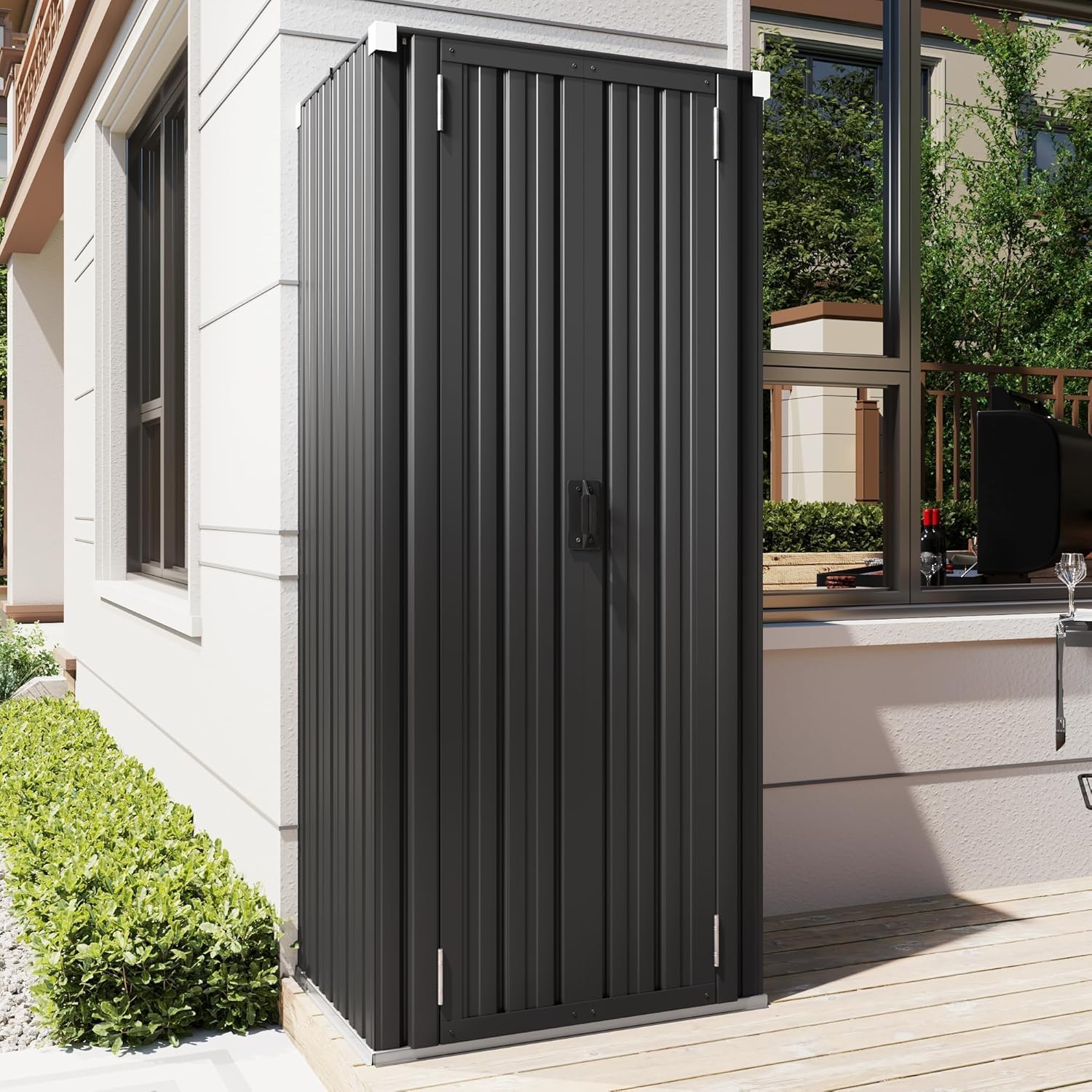 YODOLLA Abri de Jardin Métal, Armoire de Rangement Extérieure à 3 Niveaux, Étagères Réglables & Portes Verrouillables pour Jardin, Garage, Stockage d'Outils, 76 x 55 x 178 CM, Gris foncé