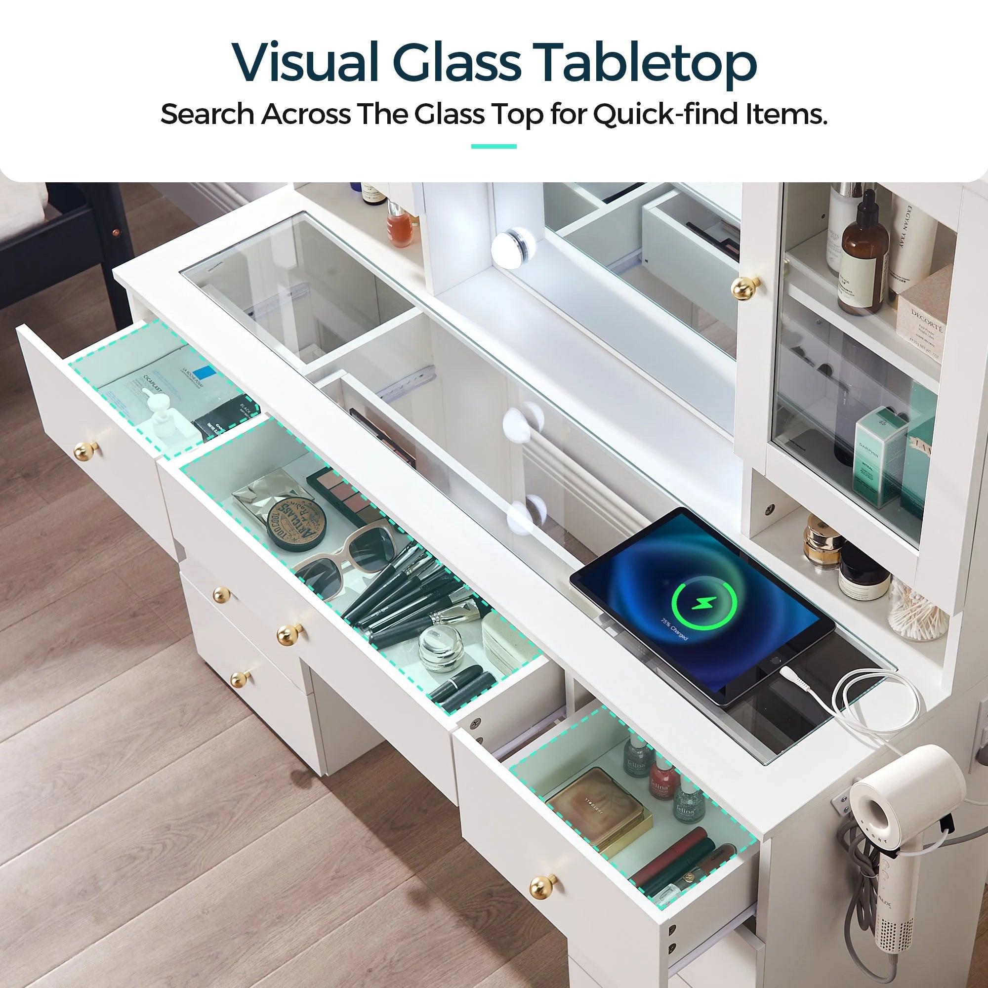 Coiffeuse verre 47 pouces miroir lumières rangement prise