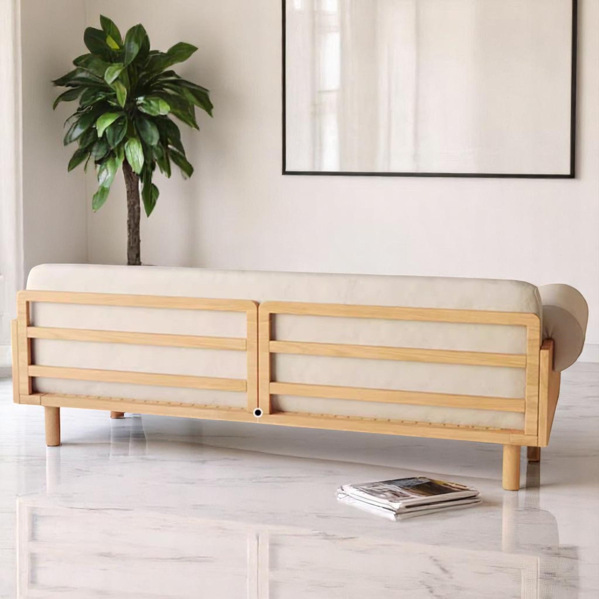 Japandi Solid Wood Recessed Arms Folding Sleeper Sofa Bed