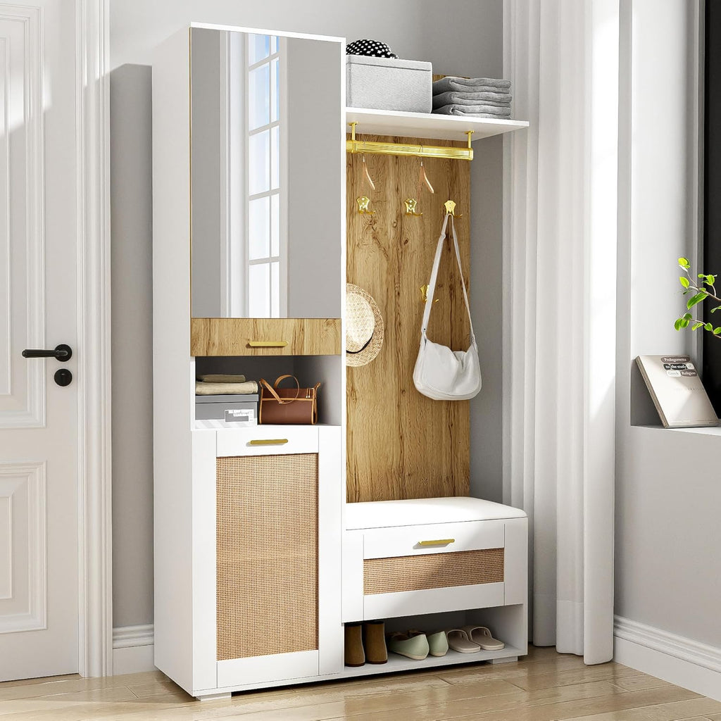 Meuble armoire pratique avec miroir pleine longueur,rangement chaussures avec assise basse,crochets suspendus en métal doré,étagères latérales ouvertes,vertical pour entrée claire Bois+Blanc
