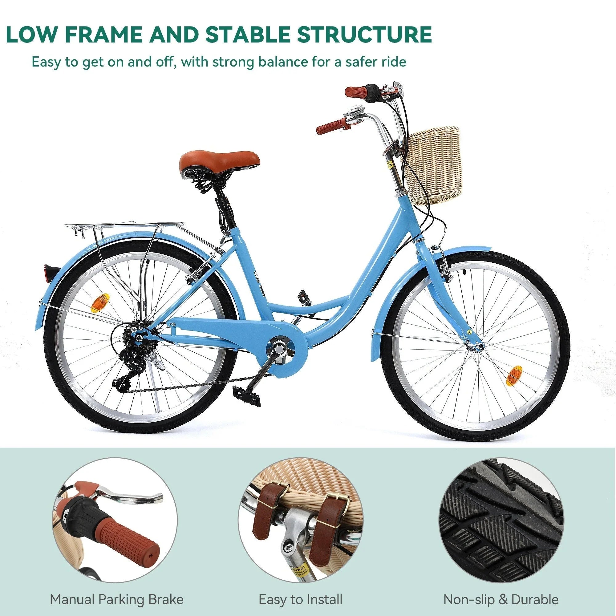 Moasis24/26 Vélo Cruiser 7 Vitesses, Vélo à Cadre Bas Ajustable, Vélo de Ville, Bicyclette