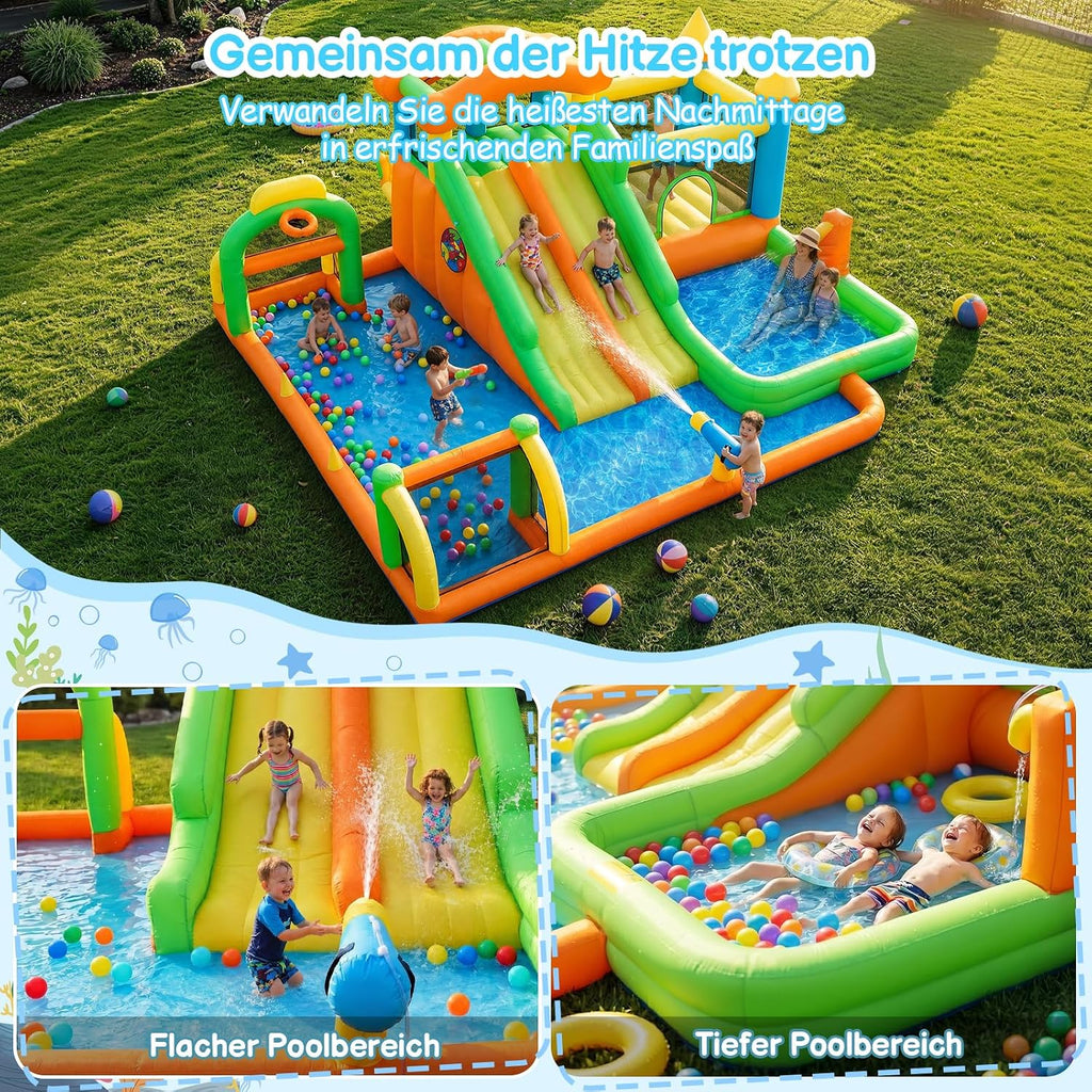 FOOING Grand toboggan aquatique gonflable avec 2 toboggans et pataugeoire pour enfants – Château rebondissant avec deux voies pour les fêtes de jardin et de cour, plaisir d'été en plein air