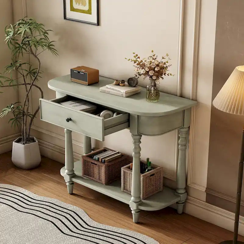 Console étroite rétro avec coin incurvé, tiroir supérieur et étagère ouverte