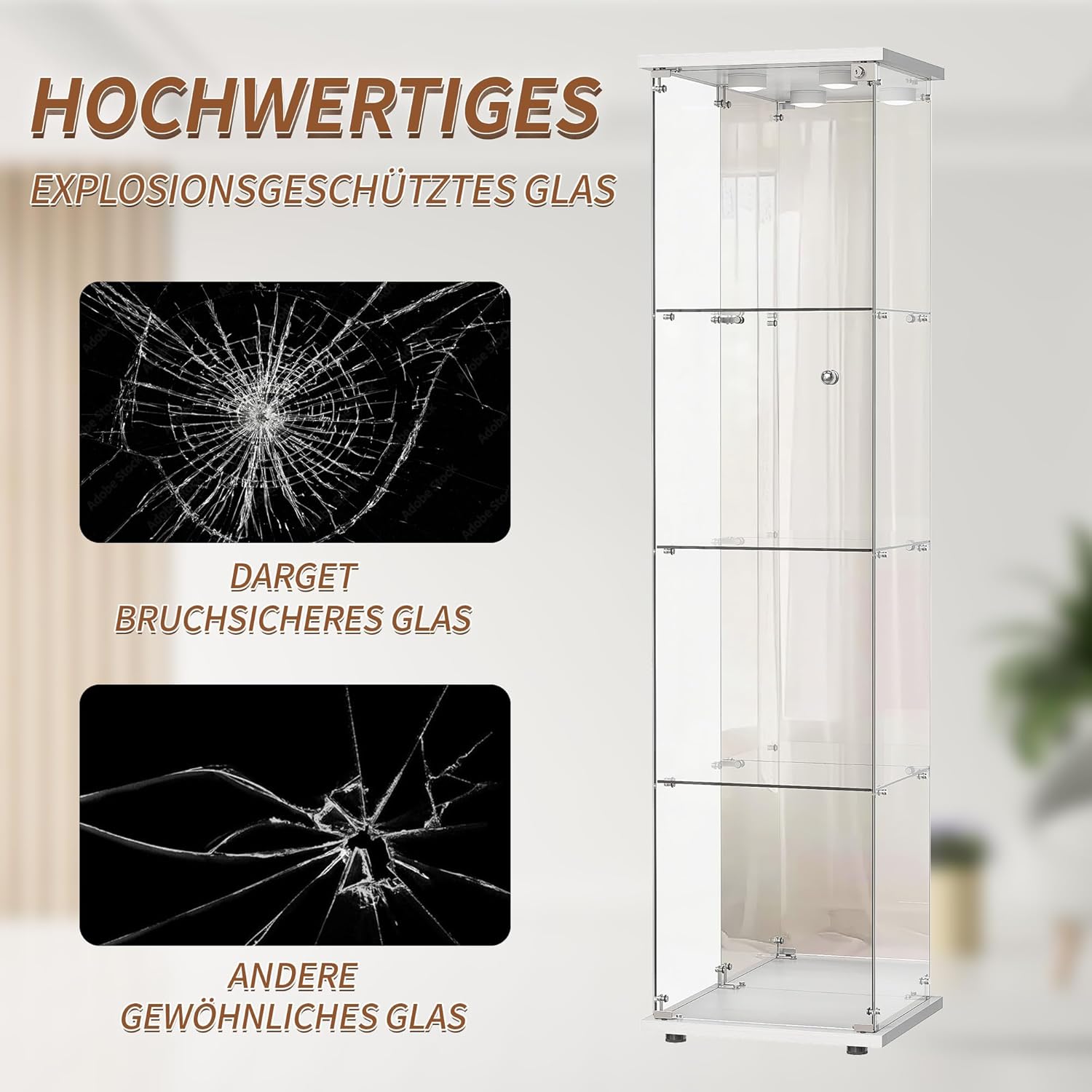 Vitrine sur pied en verre à 4 couches - 1 porte - Lampe LED et serrure avec paroi arrière miroir - Armoire de salon pour objets de collection et livres - Blanc