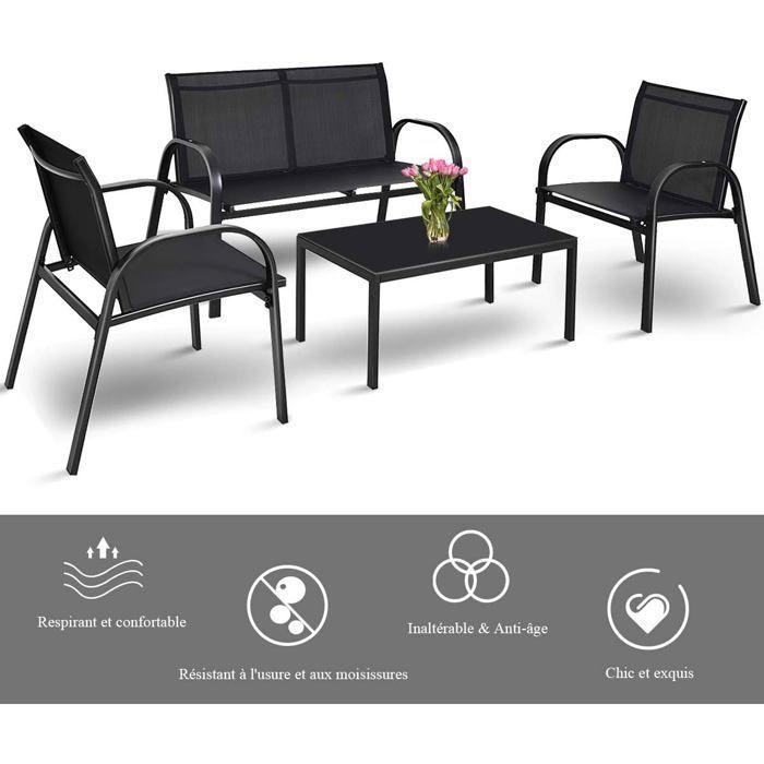 COSTWAY Ensemble Salon de Jardin 4 Places, 2 Fauteuils, 1 Canapé et 1 Table Basse en Verre, Tissu Respirant Anti-UV, Noir