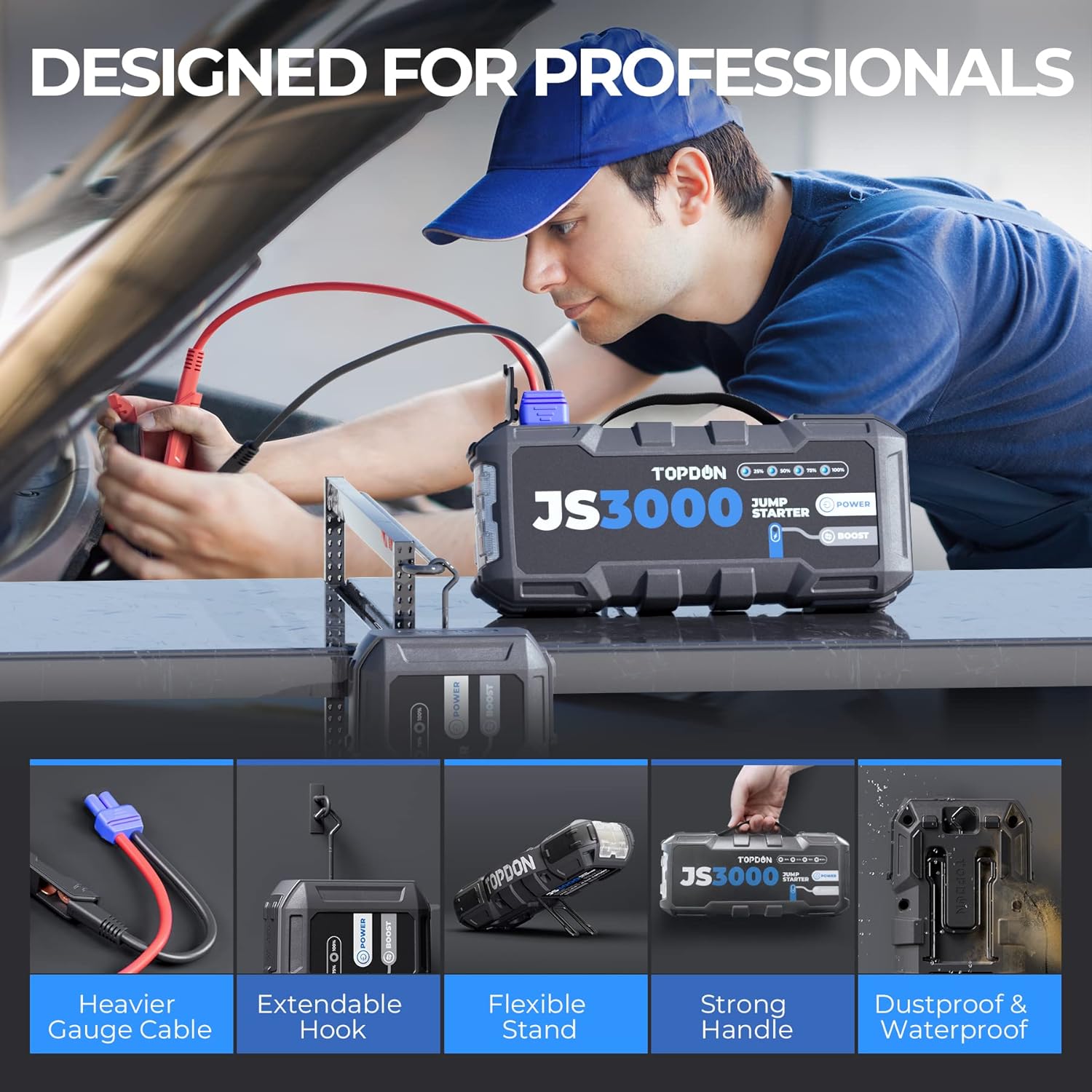 TOPDON Booster Batterie, JS3000 Demarreur Batterie Voiture 3000A/24000mAh Jump Starter Moteurs Diesel Jusqu'à 9 L et 7 L, Charge Rapide USB Lampe Poche LED intégrée