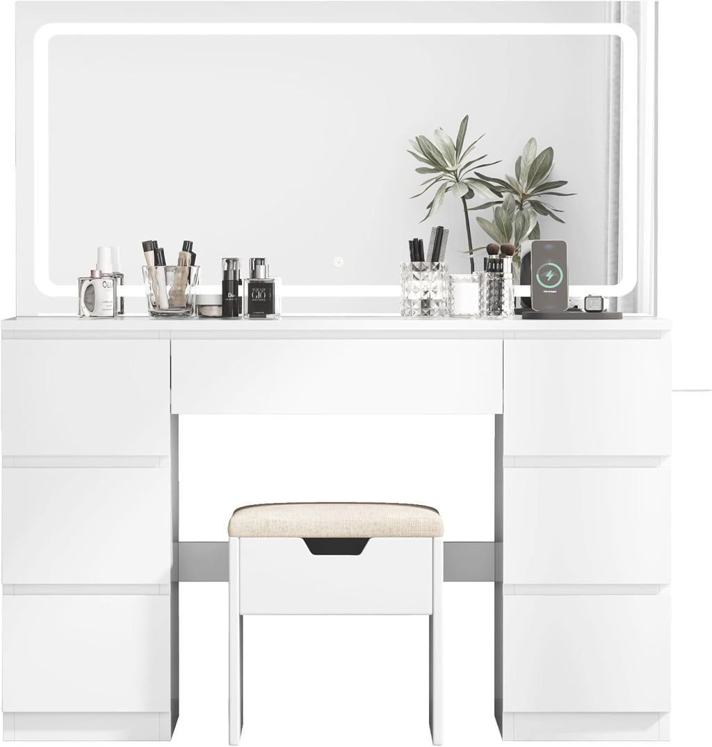 TRIUMPHKEY Coiffeuse avec Miroir et Tabouret Table de Maquillage avec Miroir LED Grand Format à Luminosité Réglable, 7 Tiroirs et Prise de Courant, Meuble de Maison, Blanc
